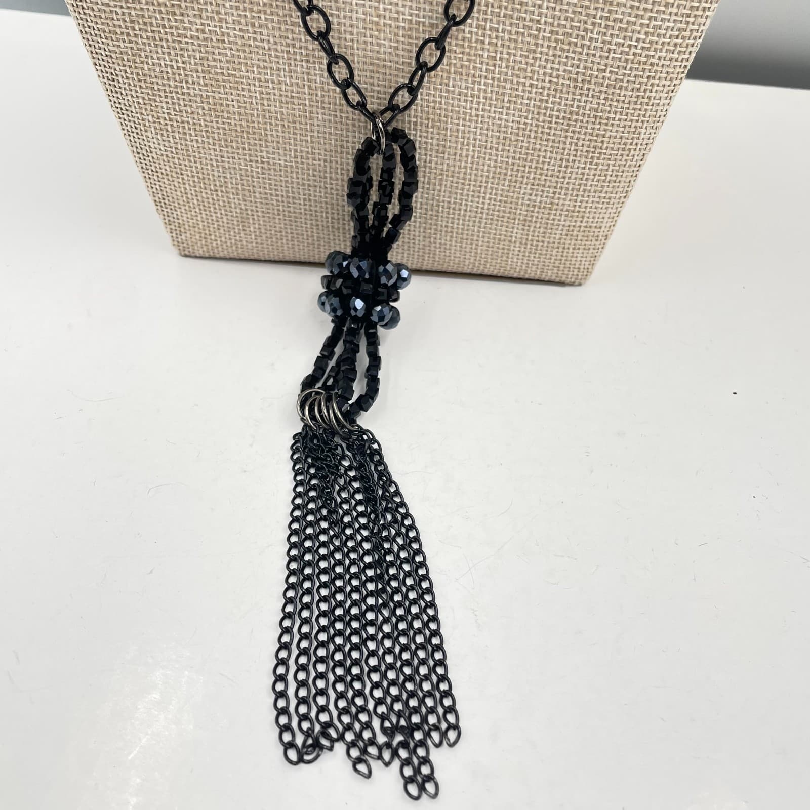 VTG Black Tassel Statement Necklace Beaded Multi Chain Fringe Lariat Boho Goth - Thumbnail 3