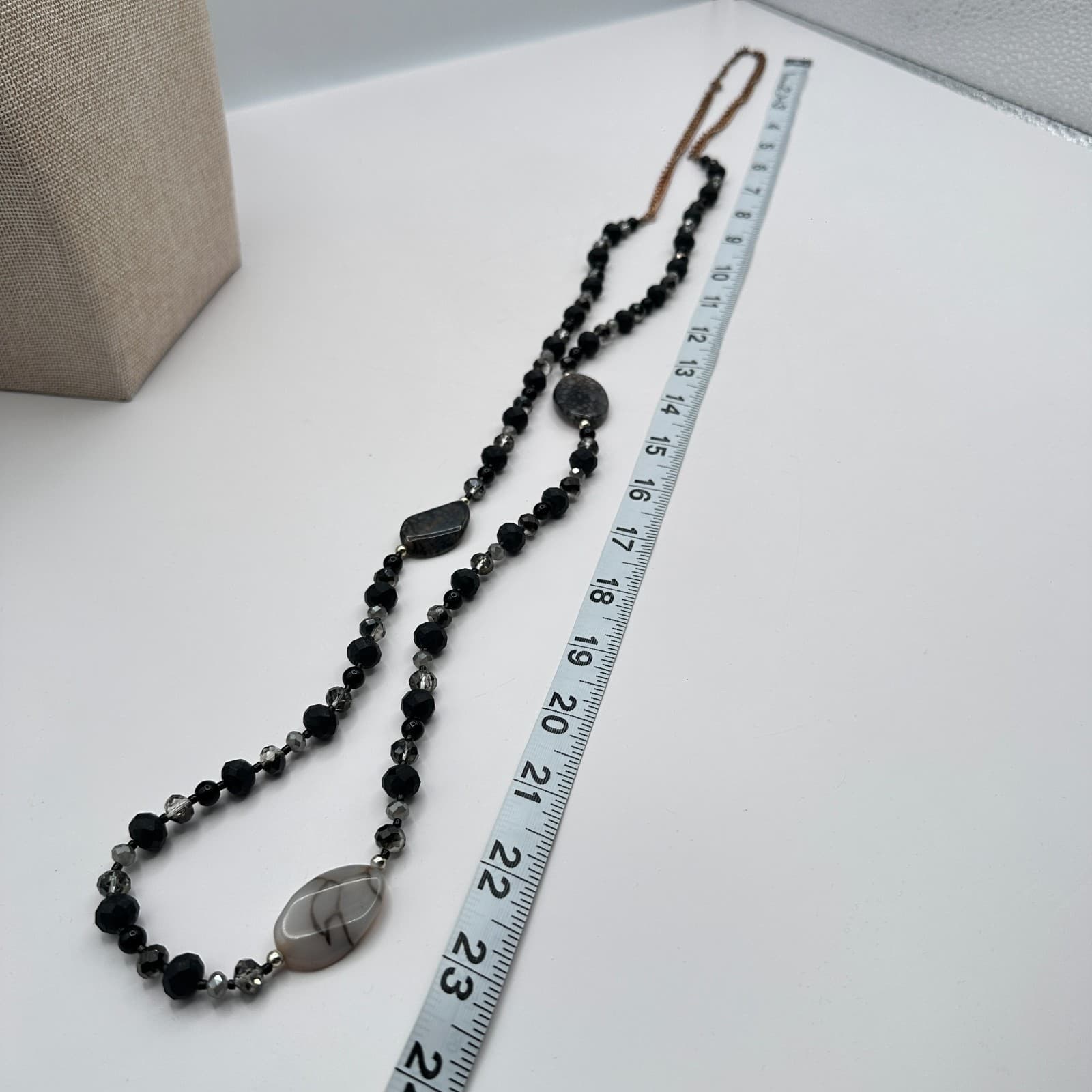 Vintage Y2K Multi-Strand Black Grey Glass Beaded Necklace Silver Tone Jewelry - Thumbnail 6