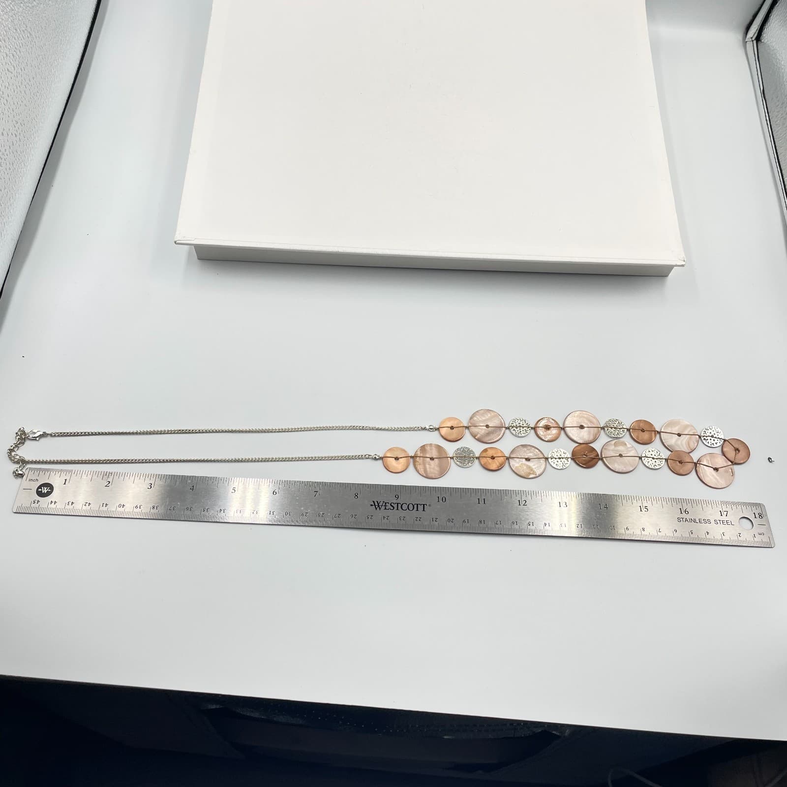 Vintage Boho Mother of Pearl Shell Statement Necklace Silver Tone Filigree Links - Thumbnail 5