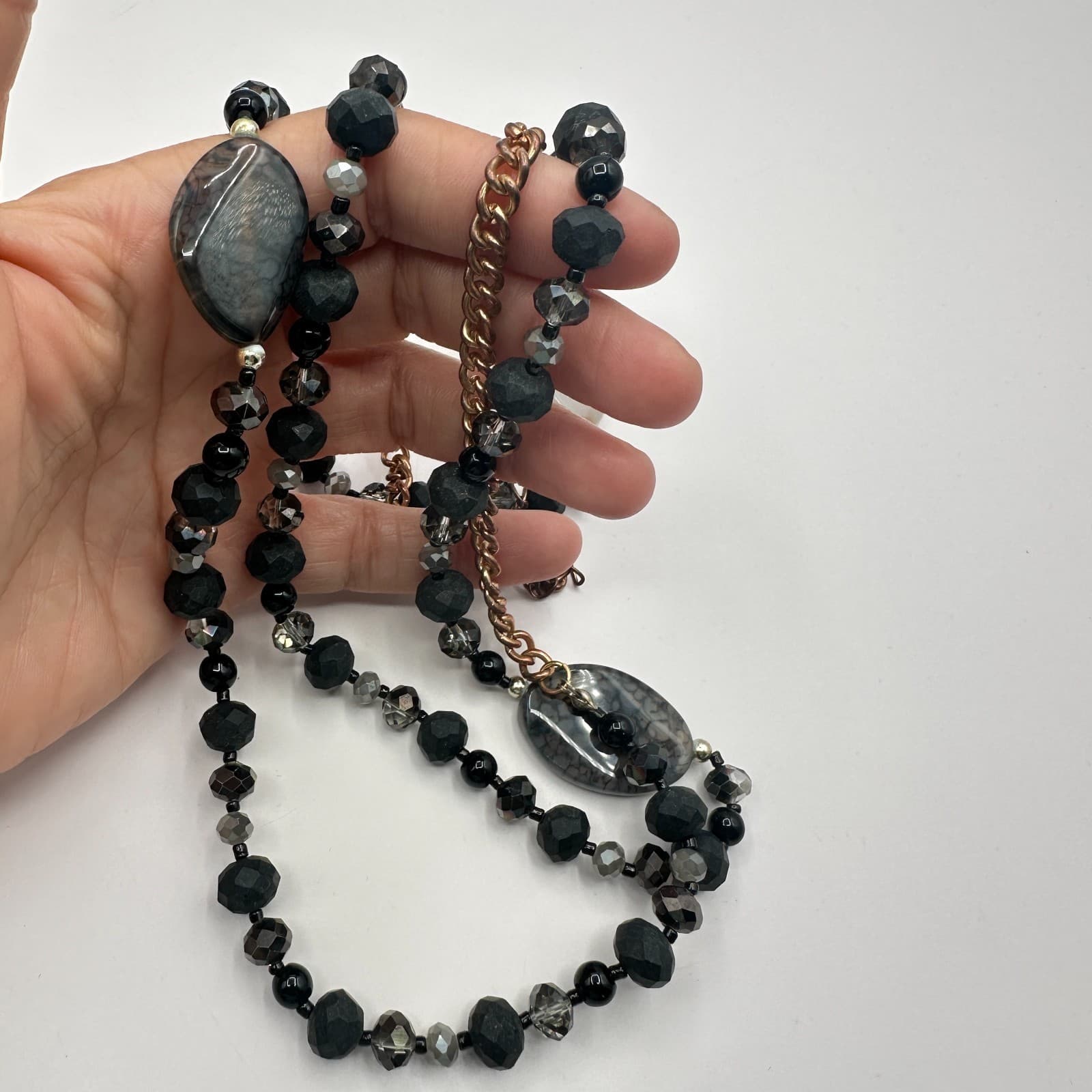 Vintage Y2K Multi-Strand Black Grey Glass Beaded Necklace Silver Tone Jewelry - Thumbnail 5