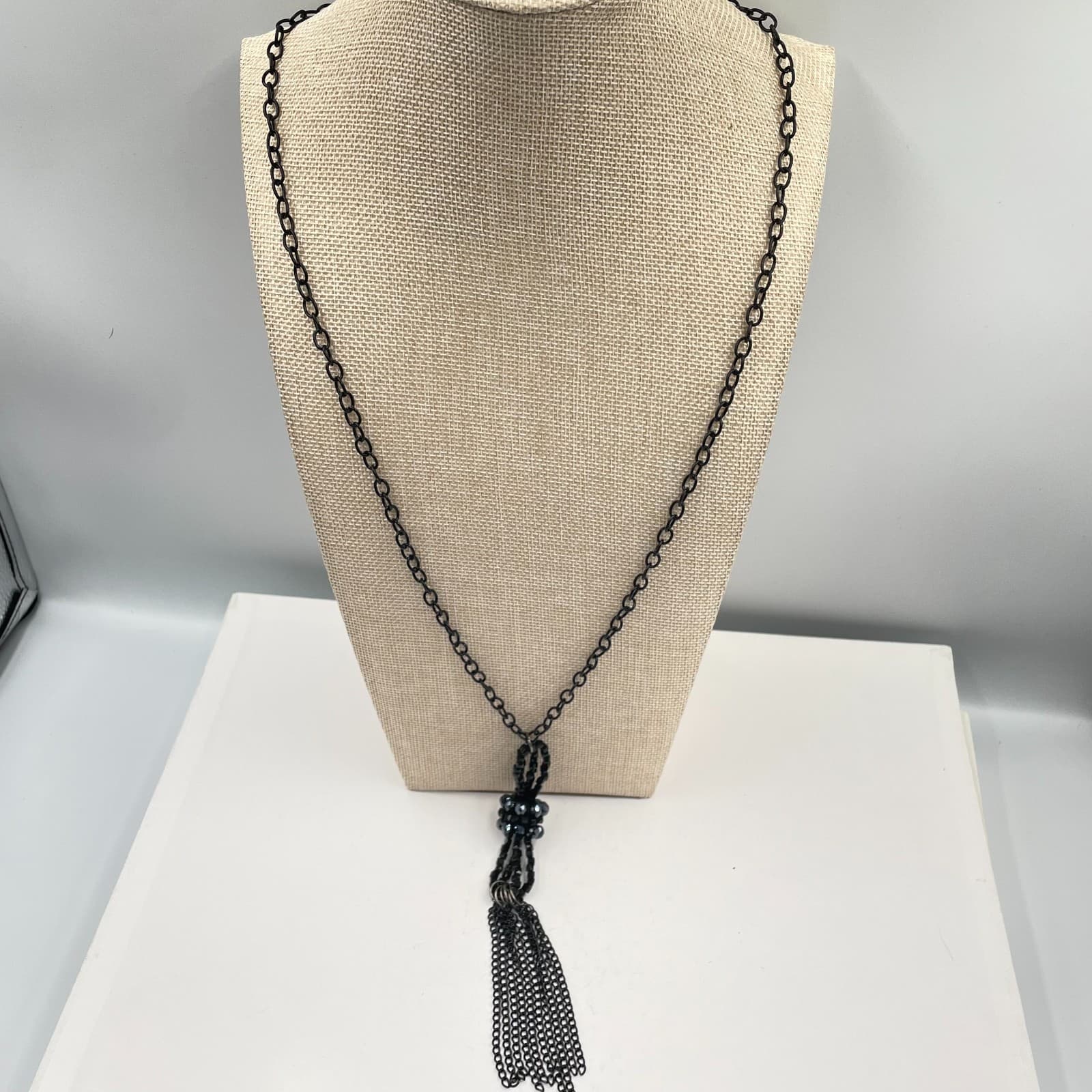 VTG Black Tassel Statement Necklace Beaded Multi Chain Fringe Lariat Boho Goth - Image 1