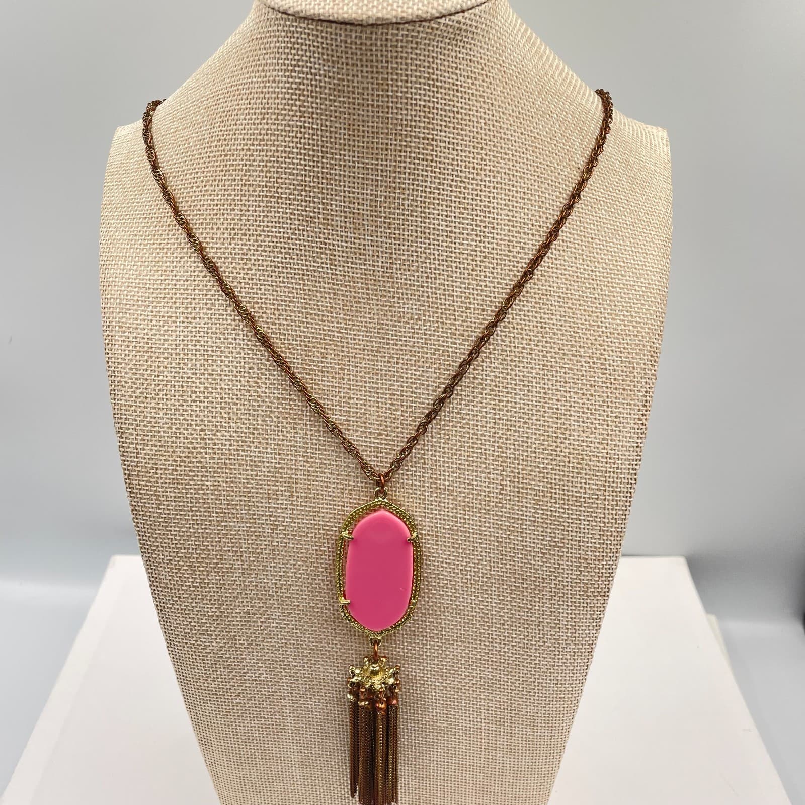 Vintage Boho Pink Stone Tassel Pendant Necklace Gold Tone Long Chain Statement - Image 1