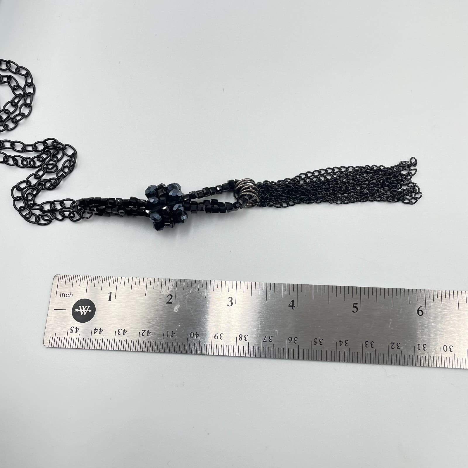 VTG Black Tassel Statement Necklace Beaded Multi Chain Fringe Lariat Boho Goth - Thumbnail 9