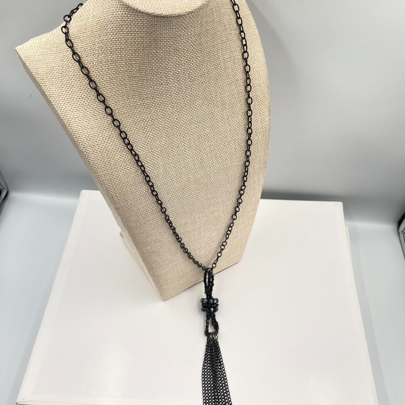 VTG Black Tassel Statement Necklace Beaded Multi Chain Fringe Lariat Boho Goth - Thumbnail 6