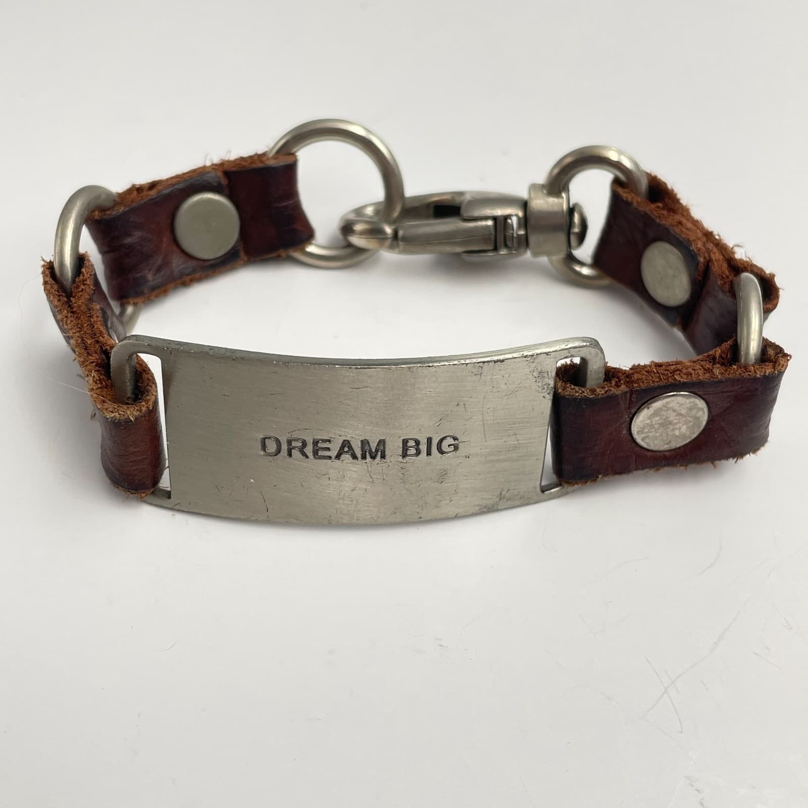 Vintage 80s Designs Brown Leather Bracelet Dream Message Inspirational Jewelry - Image 1
