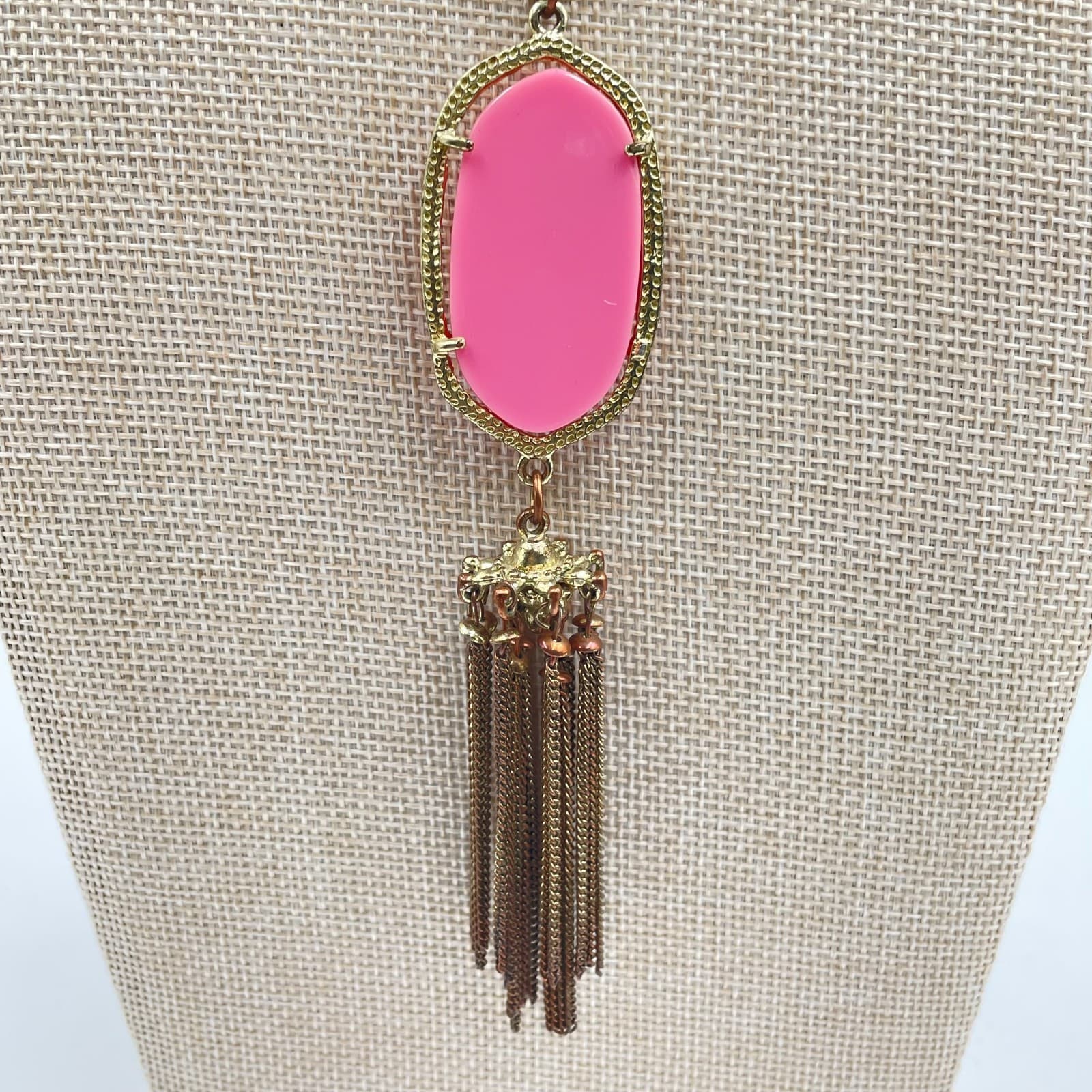 Vintage Boho Pink Stone Tassel Pendant Necklace Gold Tone Long Chain Statement - Thumbnail 3