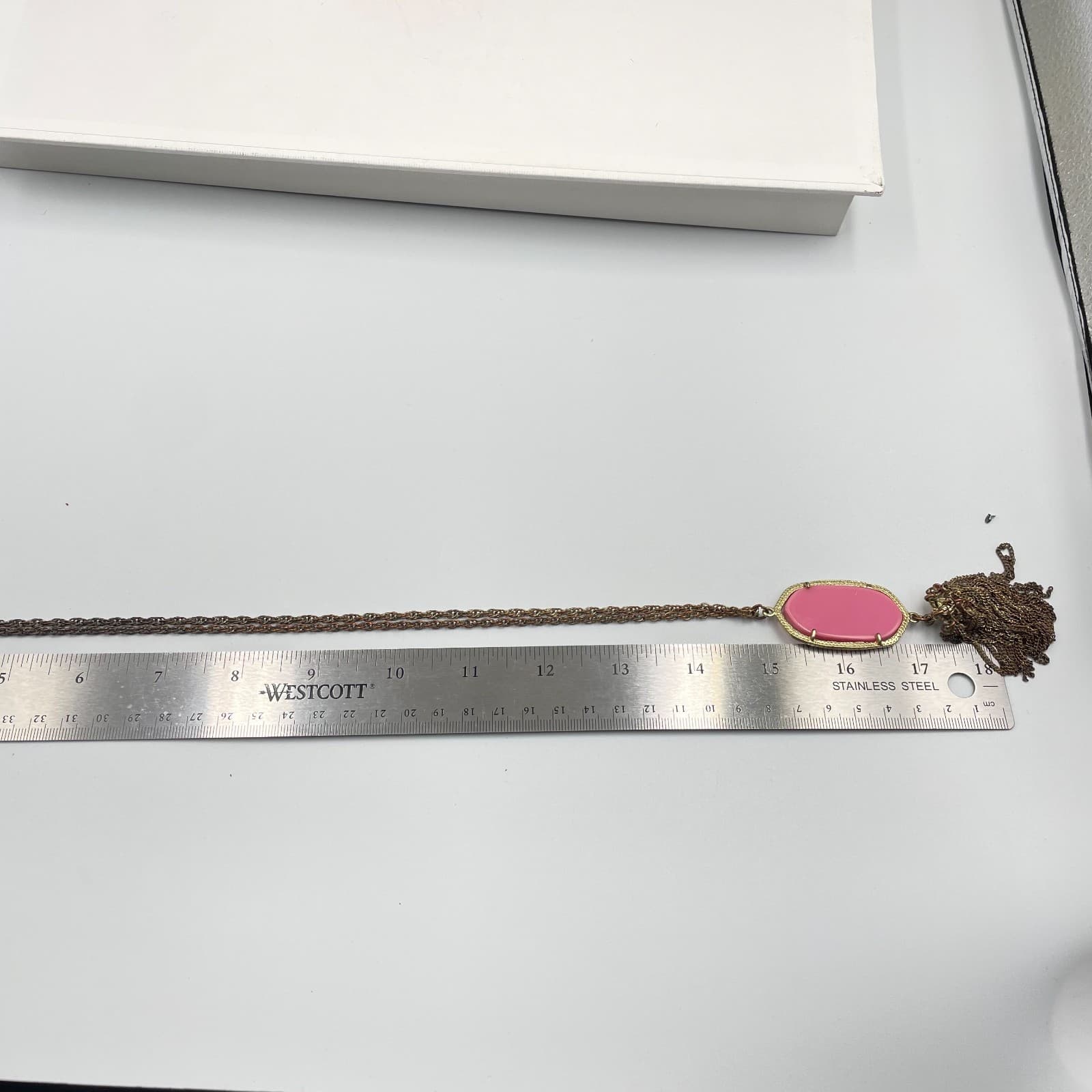 Vintage Boho Pink Stone Tassel Pendant Necklace Gold Tone Long Chain Statement - Thumbnail 9