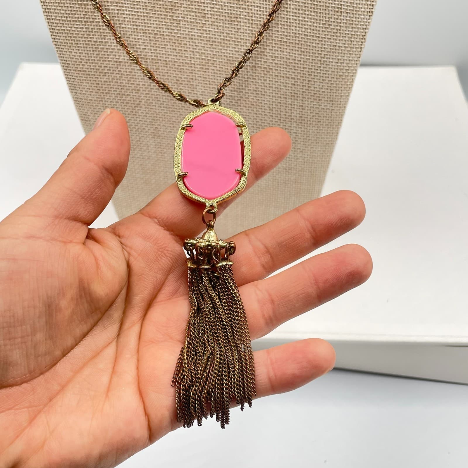 Vintage Boho Pink Stone Tassel Pendant Necklace Gold Tone Long Chain Statement - Thumbnail 5
