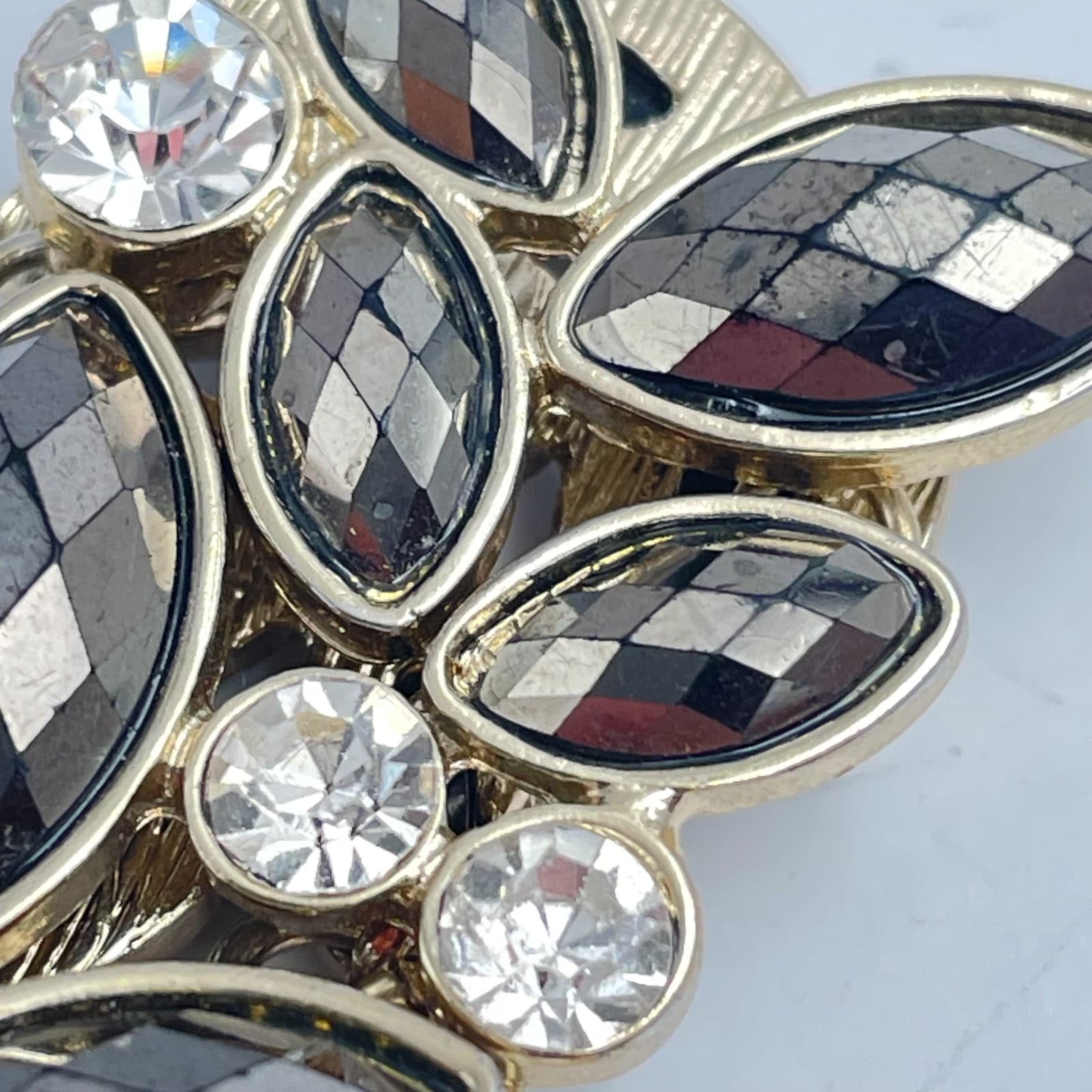 Vintage 80s Gold Tone Sky Gray Marquise Rhinestone Link Bracelet Cluster Jewelry - Thumbnail 5