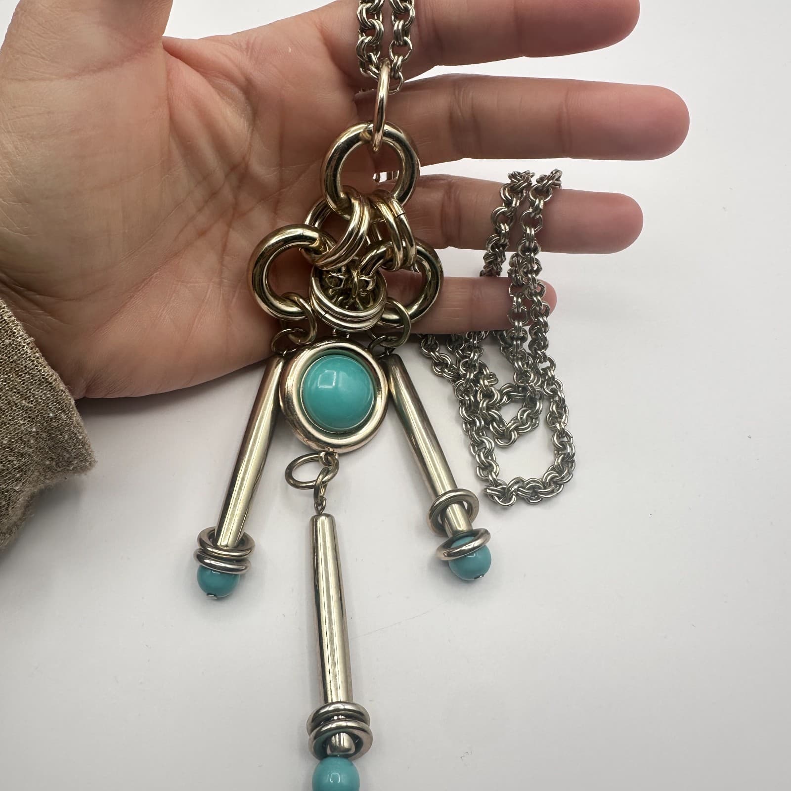 Vintage 80s Silver Tone Teal Beaded Chunky Necklace Statement Women's Jewelry - Thumbnail 8