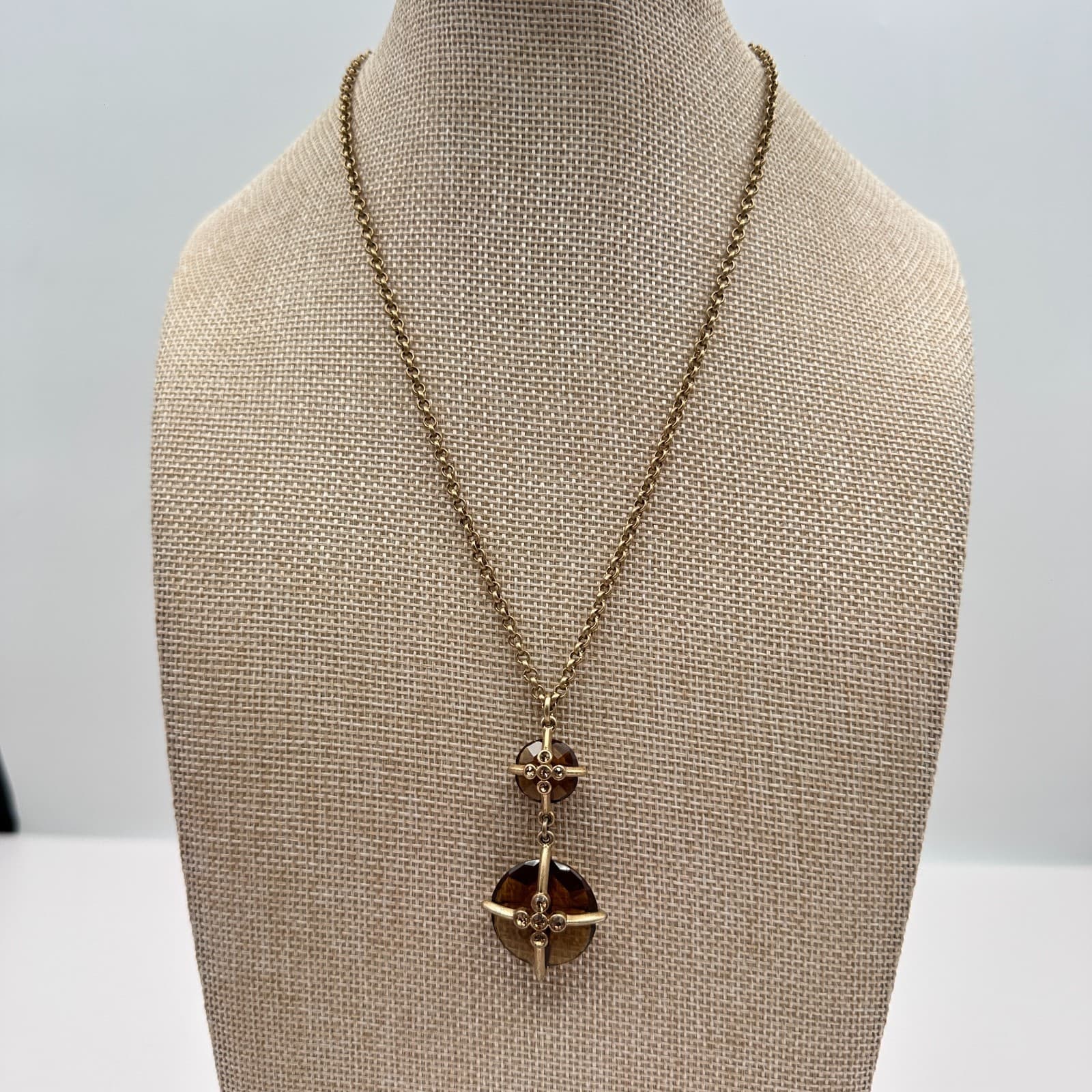 Vintage Y2K Gold Tone Amber Rhinestone Pendant Necklace Women's Classic Jewelry - Image 1