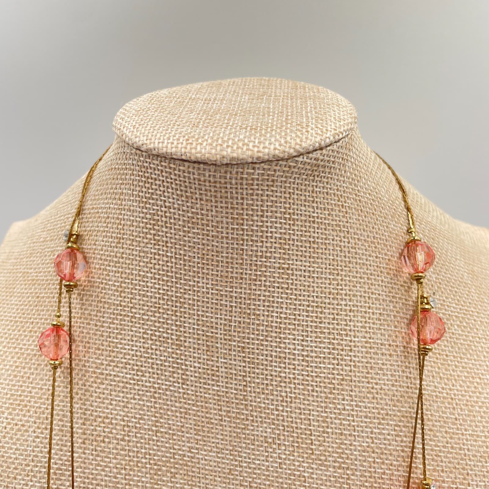 Vintage Coral Pink Art Deco Layered Necklace Murano Style Glass Bead Gold Tone - Thumbnail 2