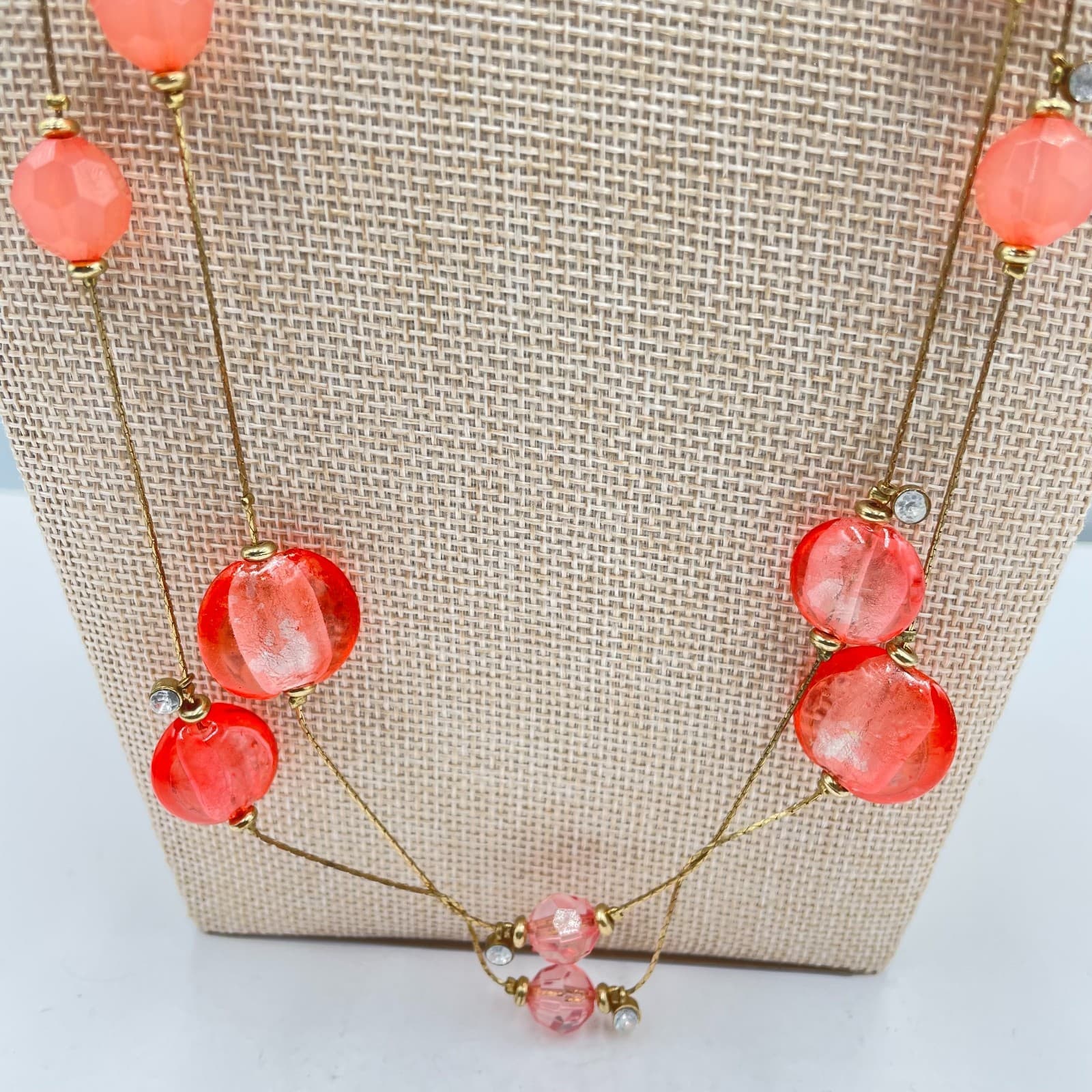 Vintage Coral Pink Art Deco Layered Necklace Murano Style Glass Bead Gold Tone - Thumbnail 3