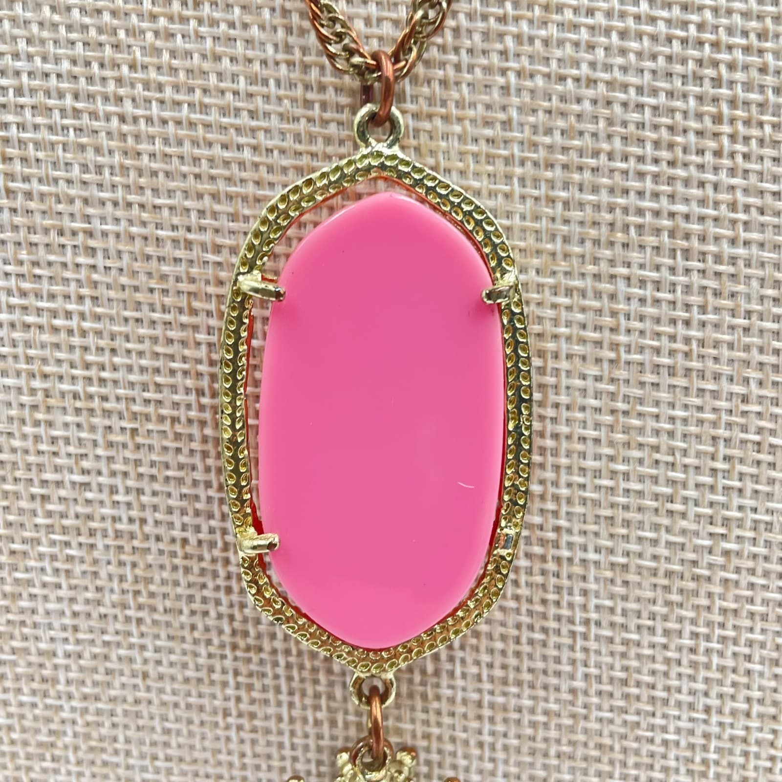 Vintage Boho Pink Stone Tassel Pendant Necklace Gold Tone Long Chain Statement - Thumbnail 4