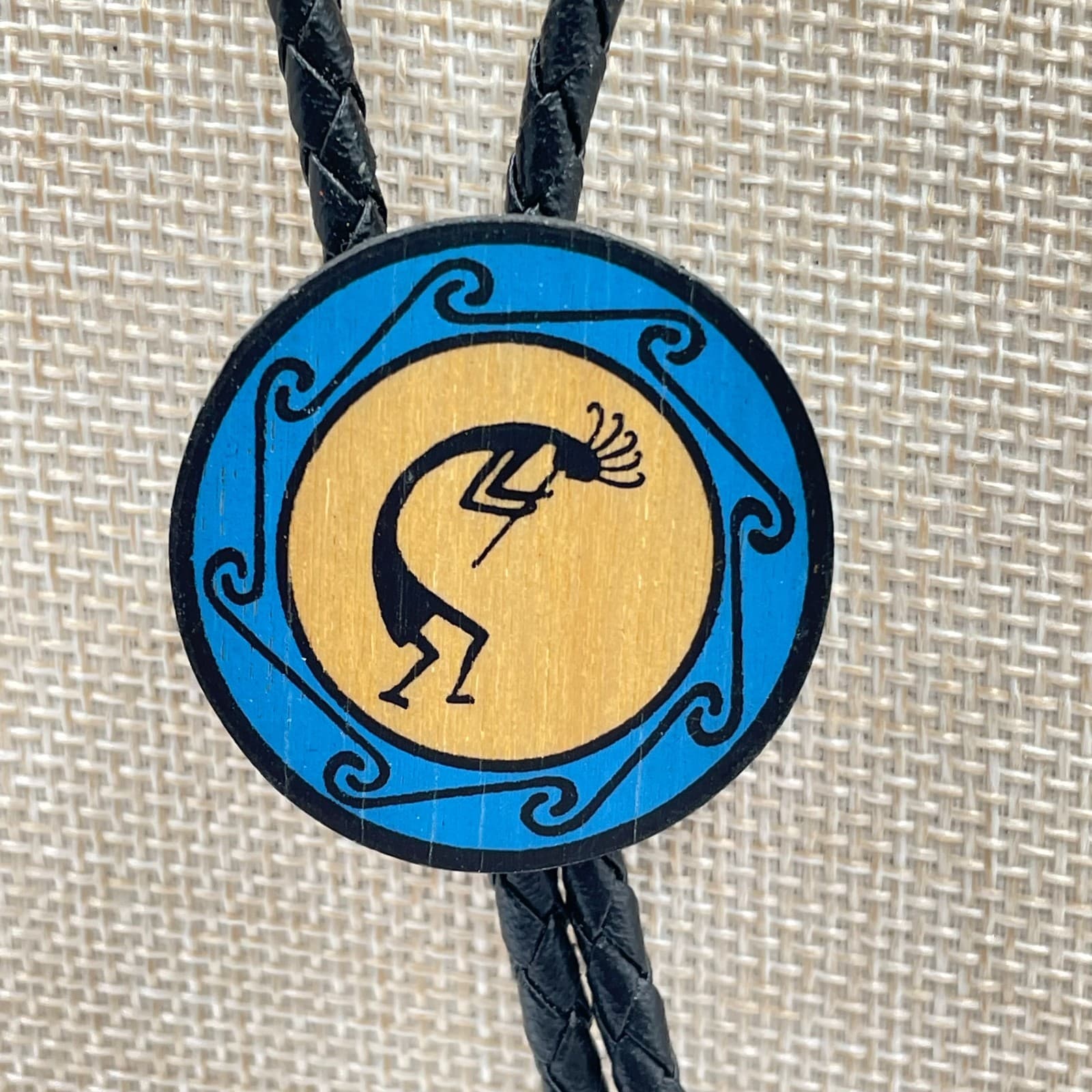 Kokopelli Bolo Tie Southwestern Wood Inlay Pendant Braided Leather Cord Western - Thumbnail 3
