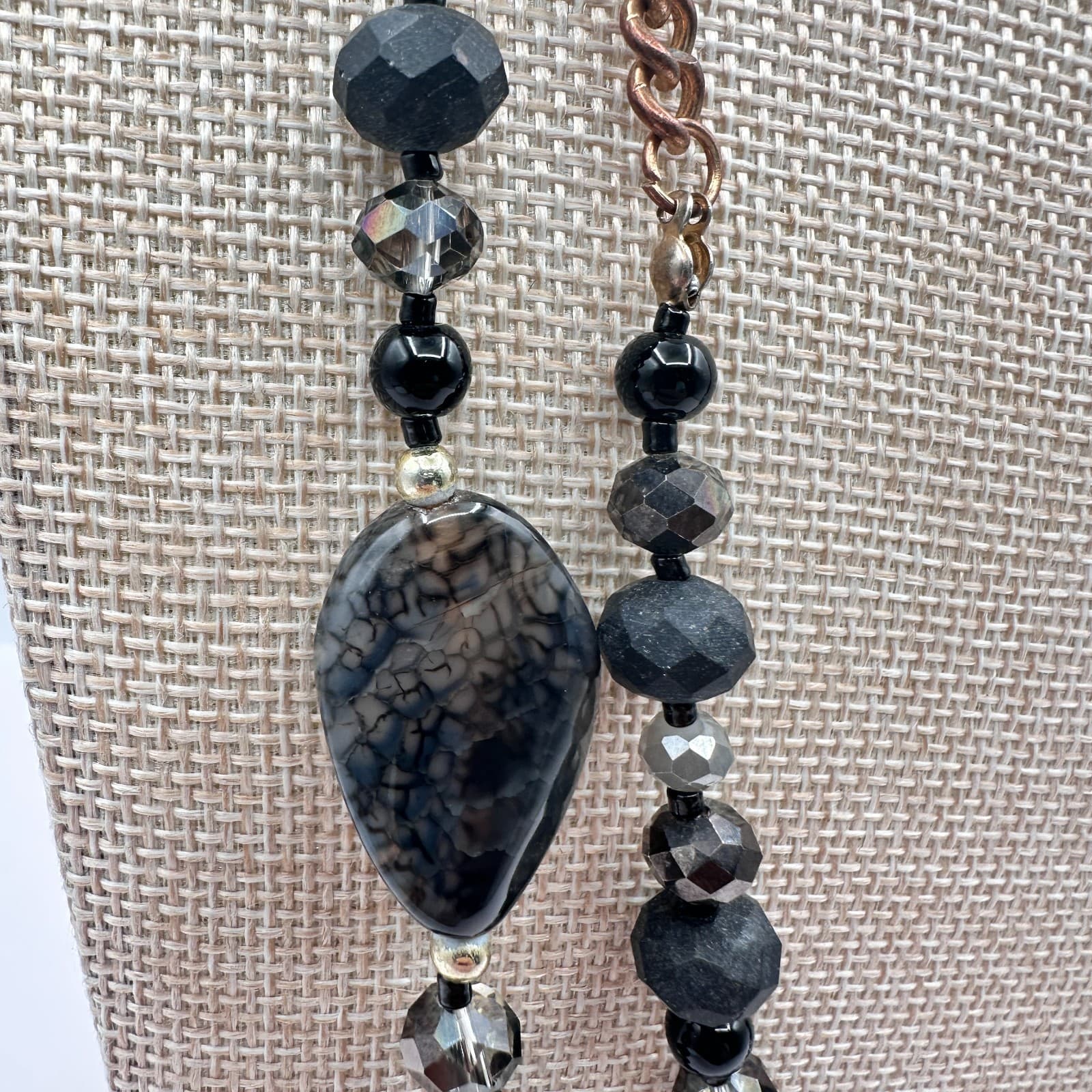 Vintage Y2K Multi-Strand Black Grey Glass Beaded Necklace Silver Tone Jewelry - Thumbnail 4