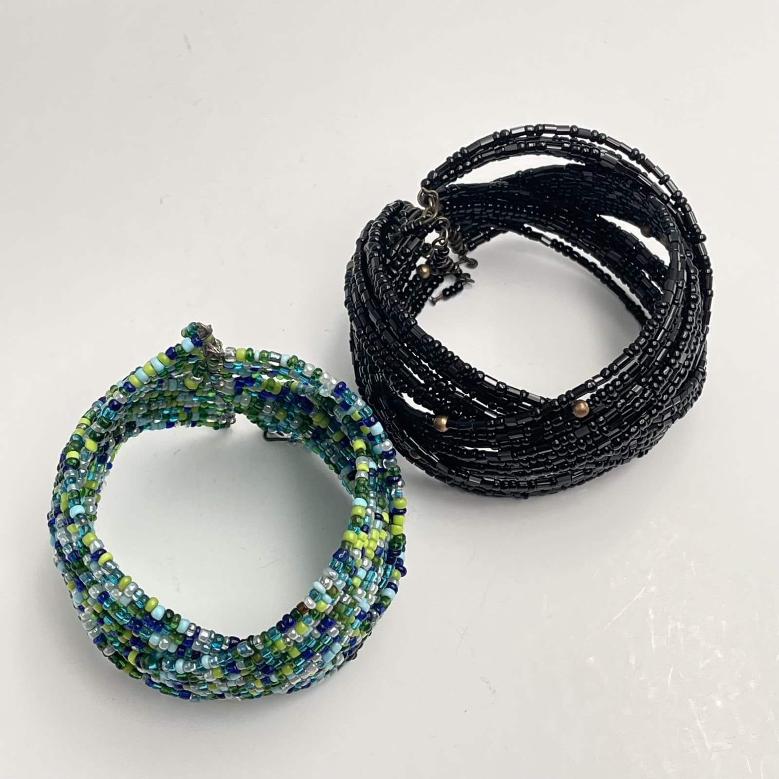 Vintage 90s Multi-Strand Seed Bead Cuff Bracelet Mix Blue Black Braided Jewelry - Thumbnail 2