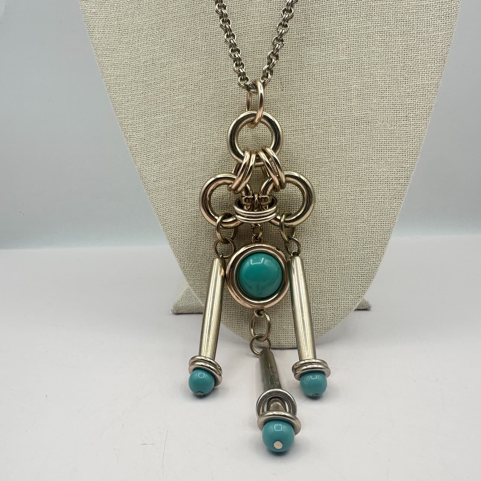 Vintage 80s Silver Tone Teal Beaded Chunky Necklace Statement Women's Jewelry - Thumbnail 2