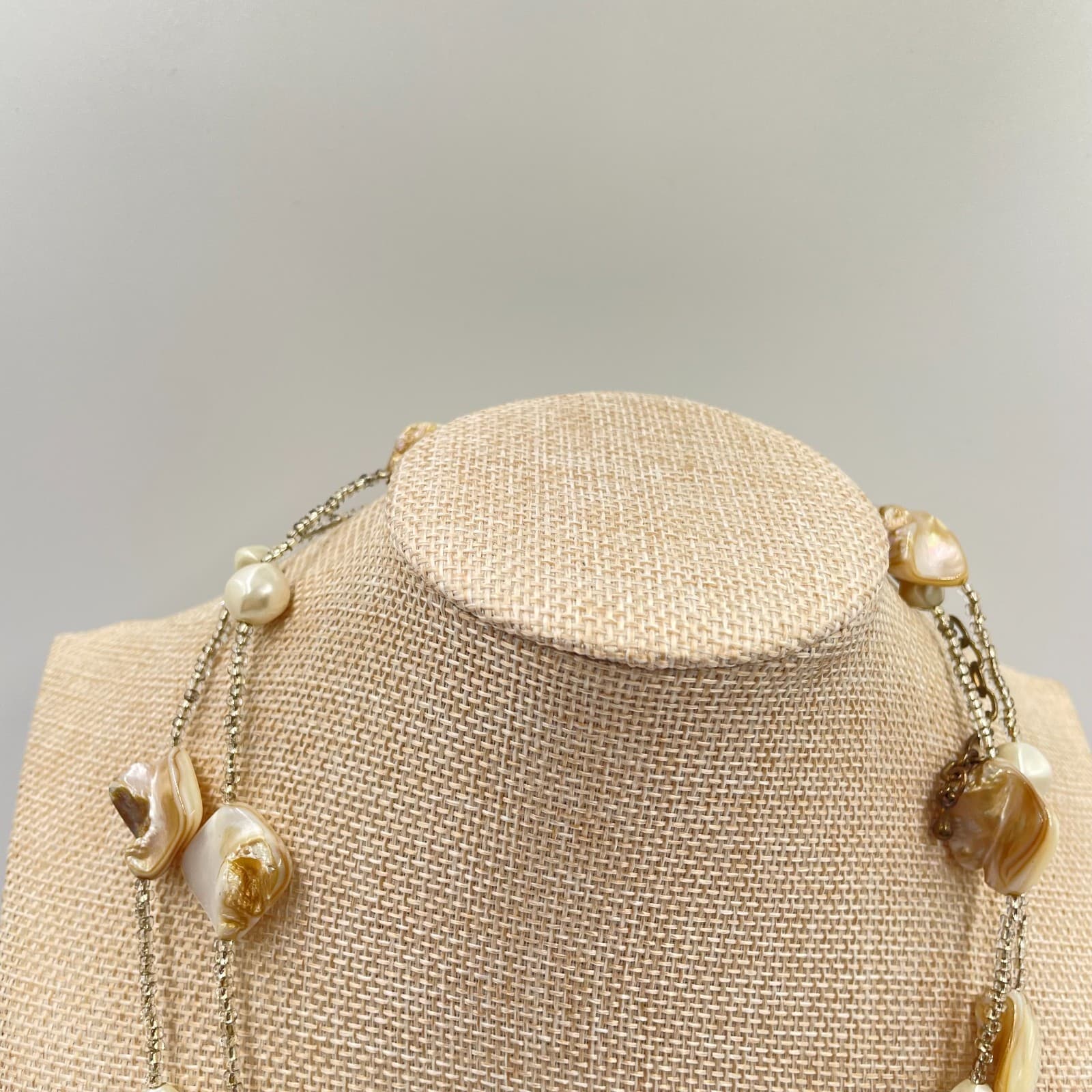 Vintage Mother of Pearl Shell Pearl Double Strand Layered Necklace Boho Cream - Thumbnail 2