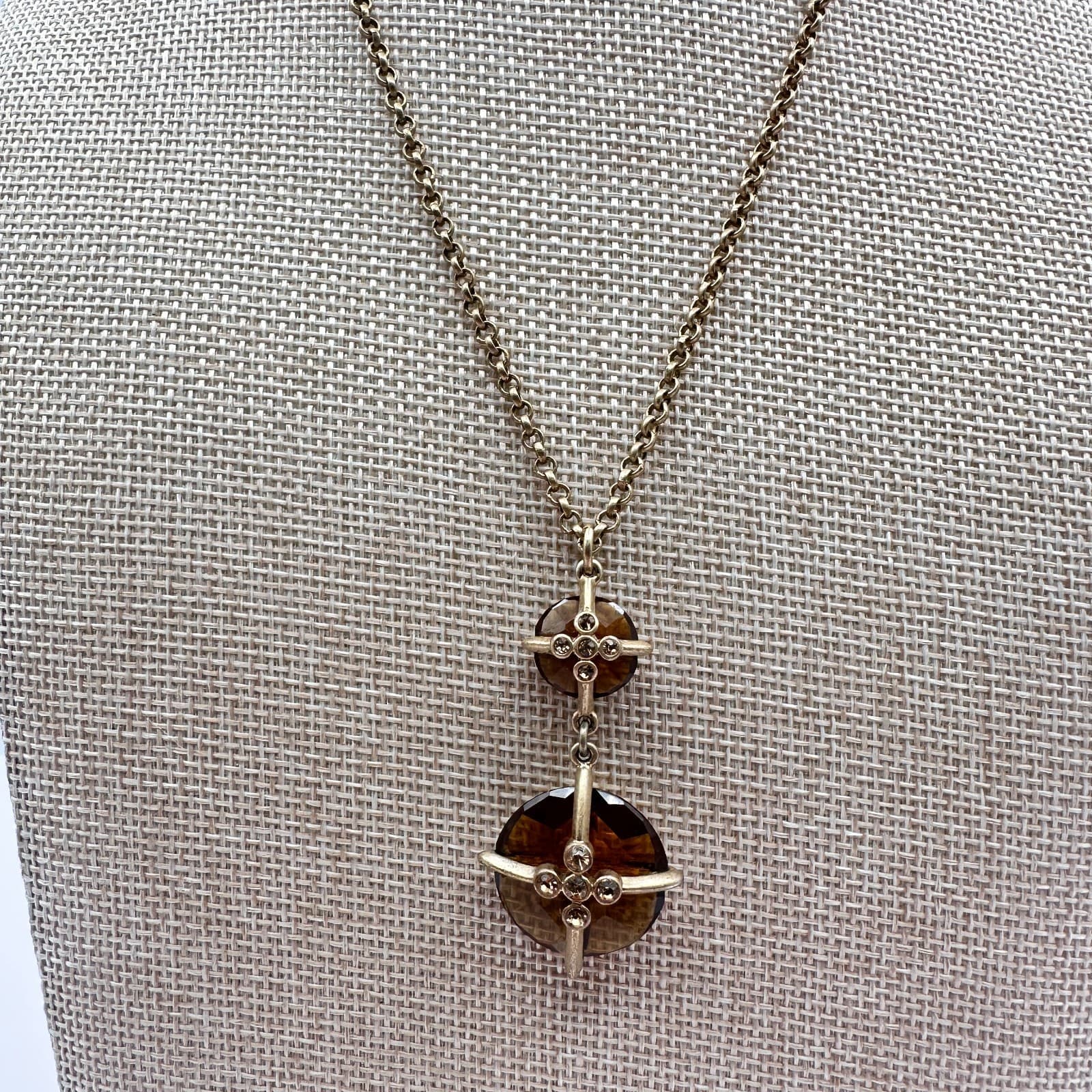 Vintage Y2K Gold Tone Amber Rhinestone Pendant Necklace Women's Classic Jewelry - Thumbnail 3