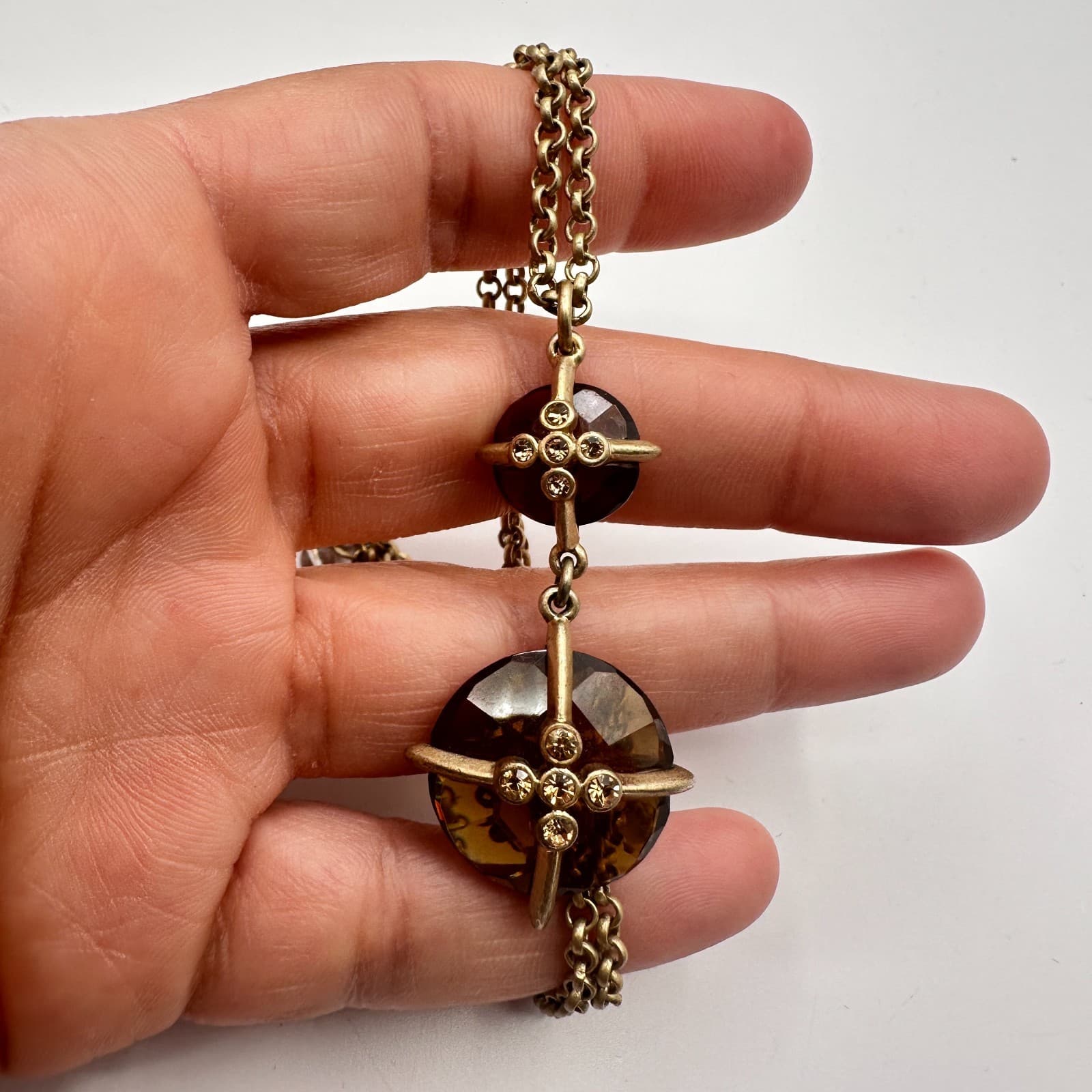 Vintage Y2K Gold Tone Amber Rhinestone Pendant Necklace Women's Classic Jewelry - Thumbnail 8