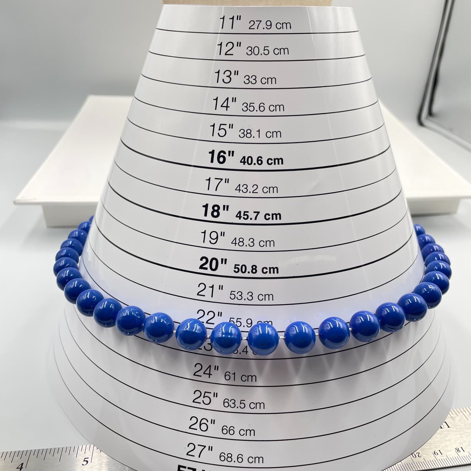 Vintage Royal Blue Chunky Bead Necklace High Shine Mod Statement Jewelry Gold - Thumbnail 7