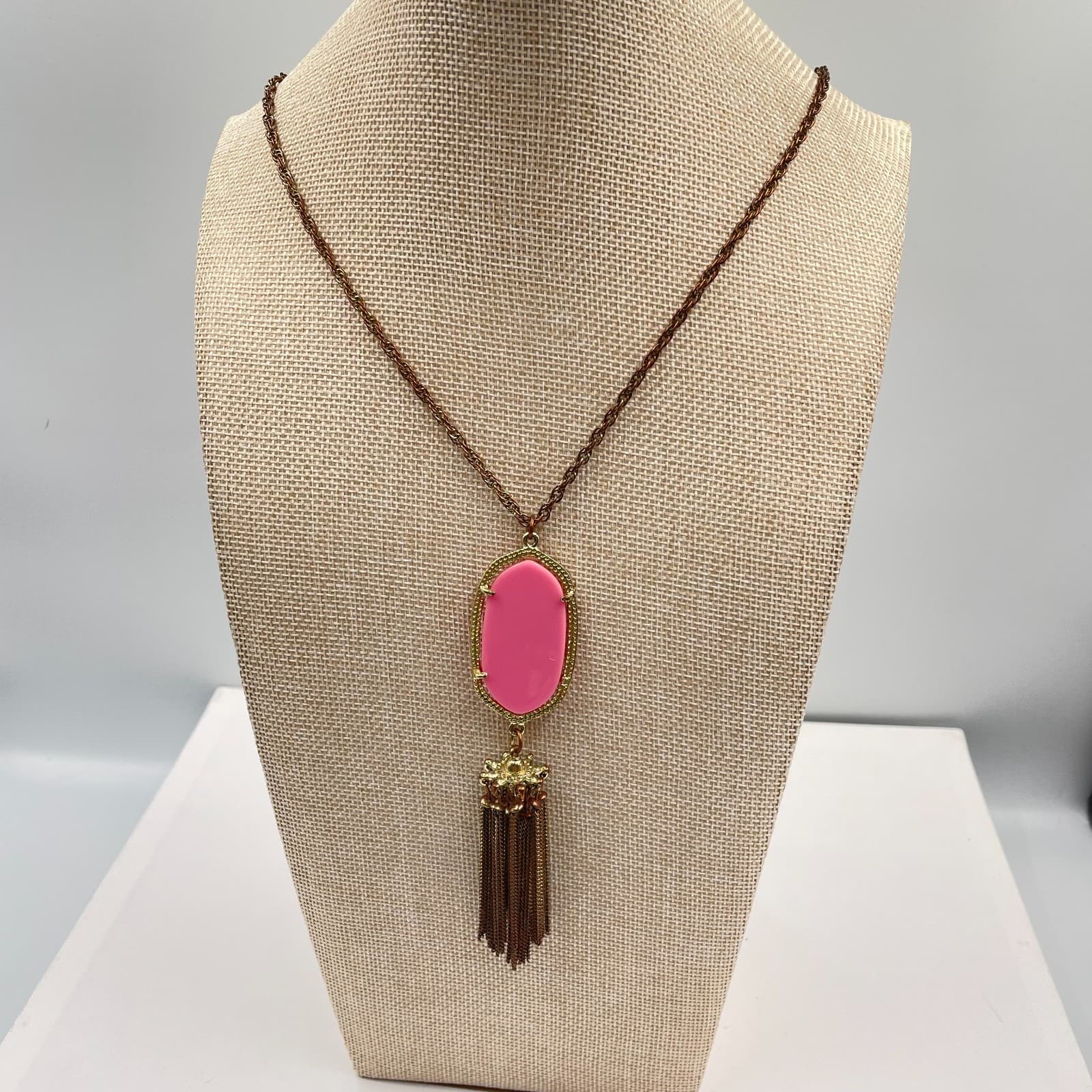 Vintage Boho Pink Stone Tassel Pendant Necklace Gold Tone Long Chain Statement - Thumbnail 6