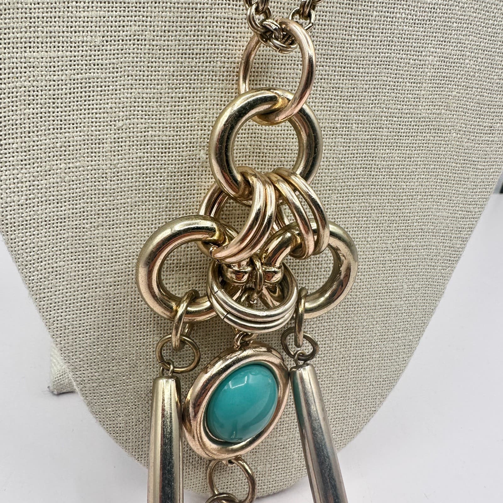 Vintage 80s Silver Tone Teal Beaded Chunky Necklace Statement Women's Jewelry - Thumbnail 7