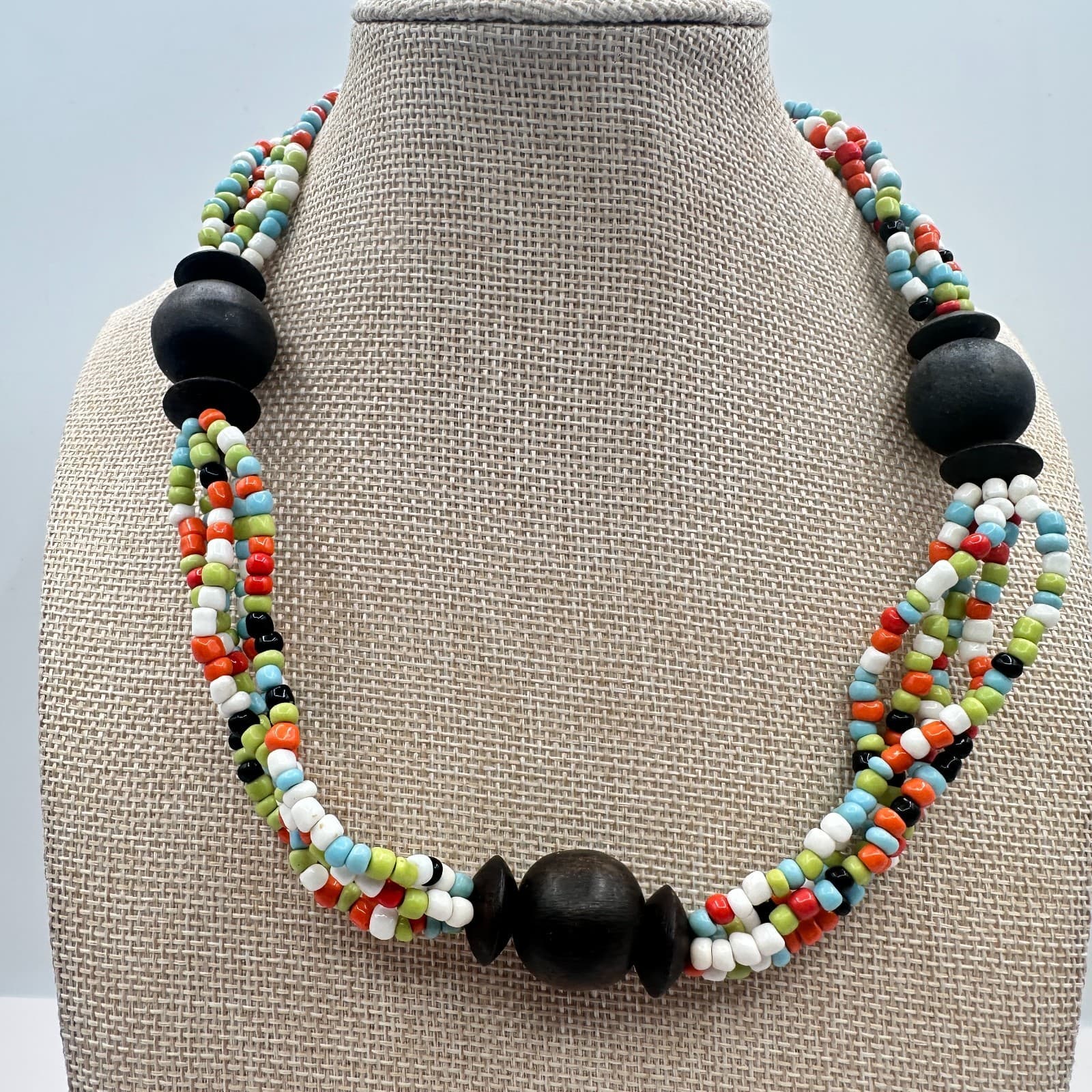 Vintage 90s Colorful Multi Strand Glass Wood Bead Statement Necklace Jewelry - Thumbnail 5