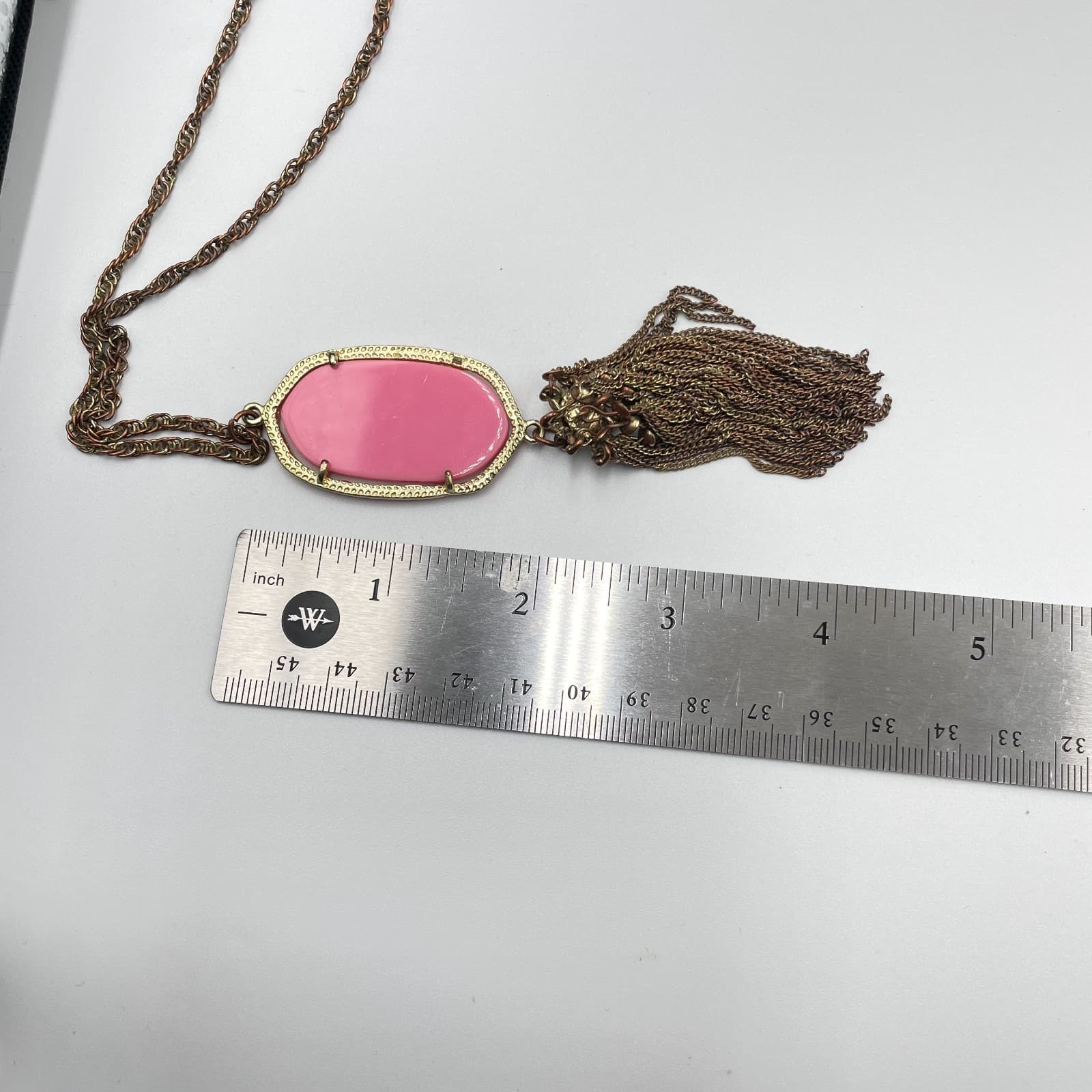 Vintage Boho Pink Stone Tassel Pendant Necklace Gold Tone Long Chain Statement - Thumbnail 10