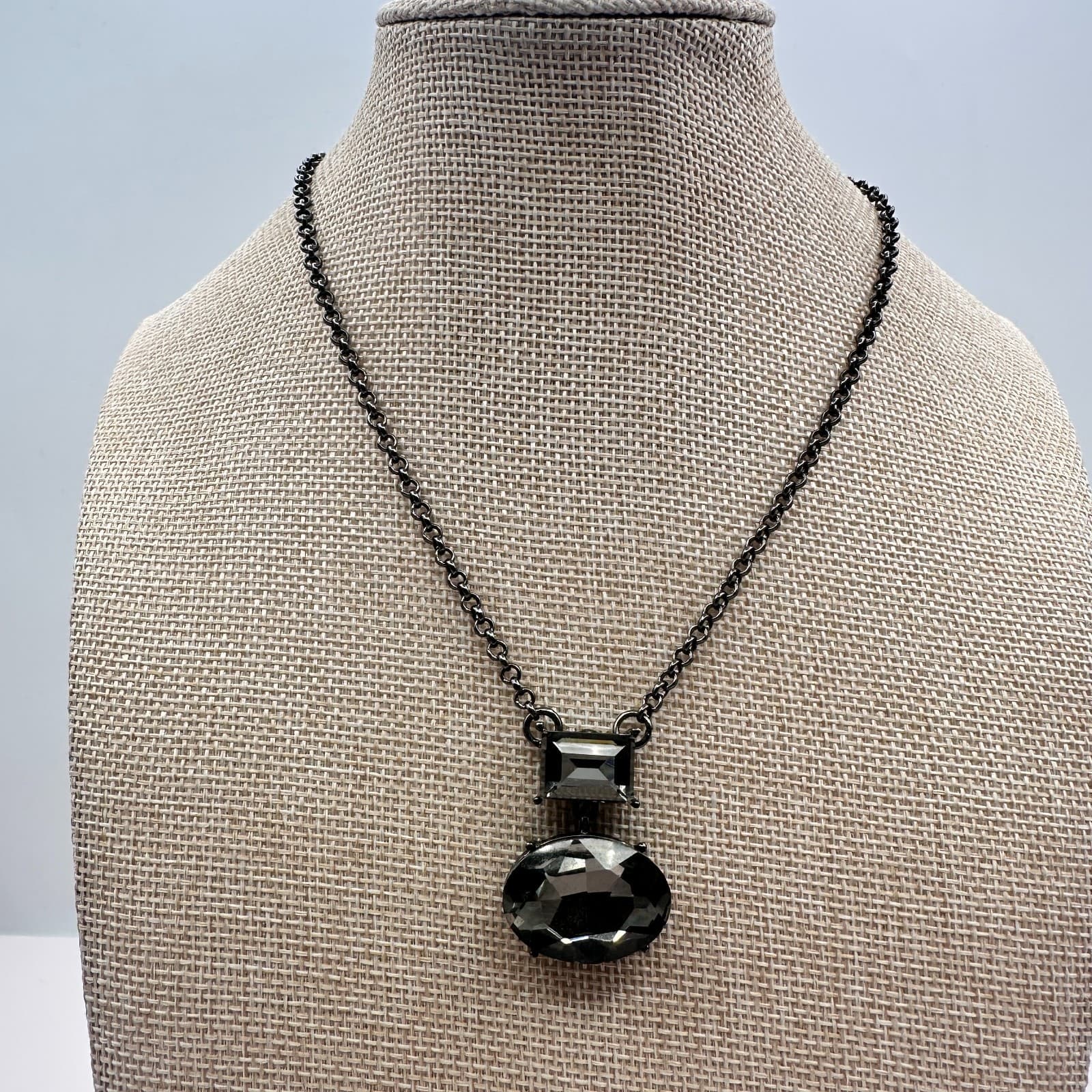 Vintage Y2K Gunmetal Tone Rhinestone Pendant Necklace Statement Women's Jewelry - Image 1