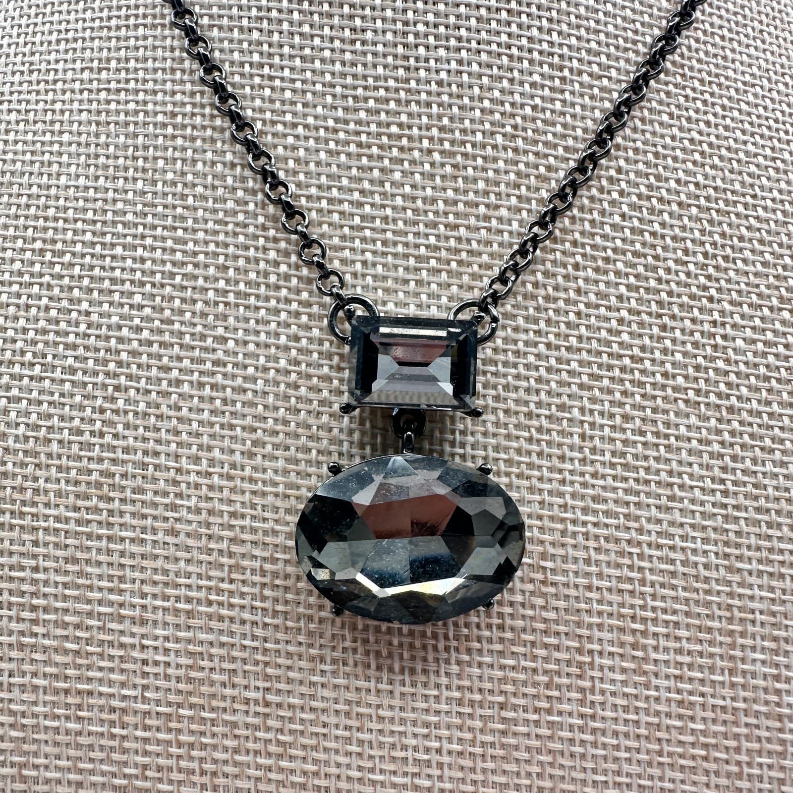 Vintage Y2K Gunmetal Tone Rhinestone Pendant Necklace Statement Women's Jewelry - Thumbnail 2