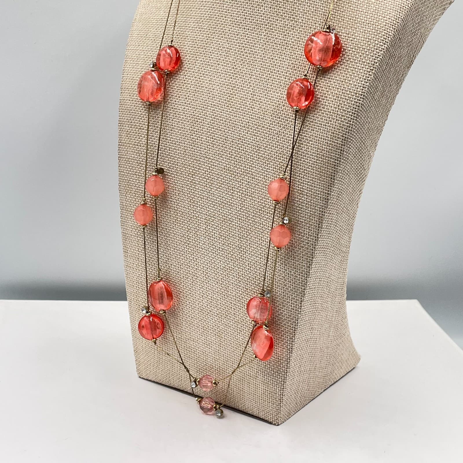 Vintage Coral Pink Art Deco Layered Necklace Murano Style Glass Bead Gold Tone - Thumbnail 6