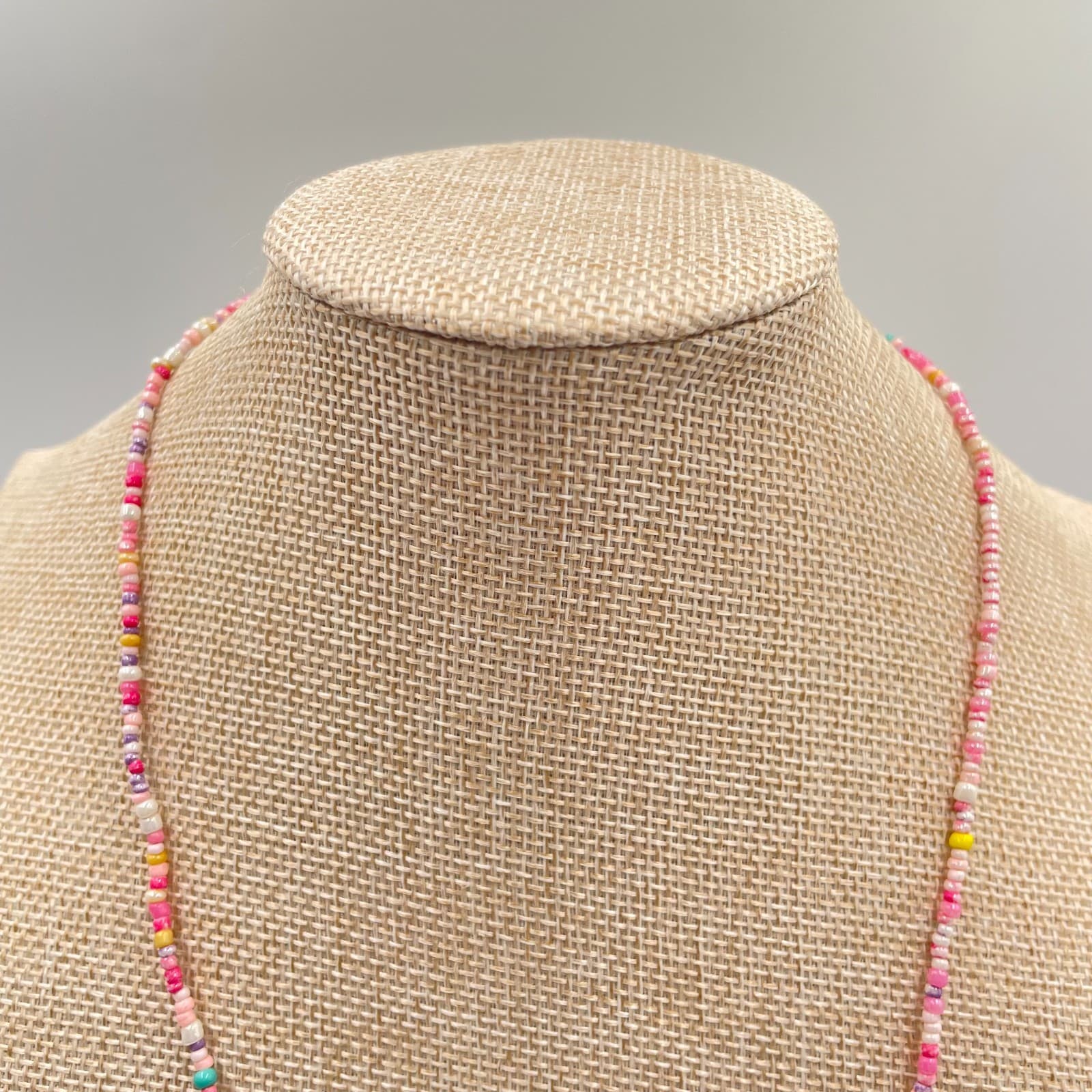 Vintage Boho Beaded LOVE Necklace Pink White Seed Bead Choker Fun Colorful Gift - Thumbnail 2