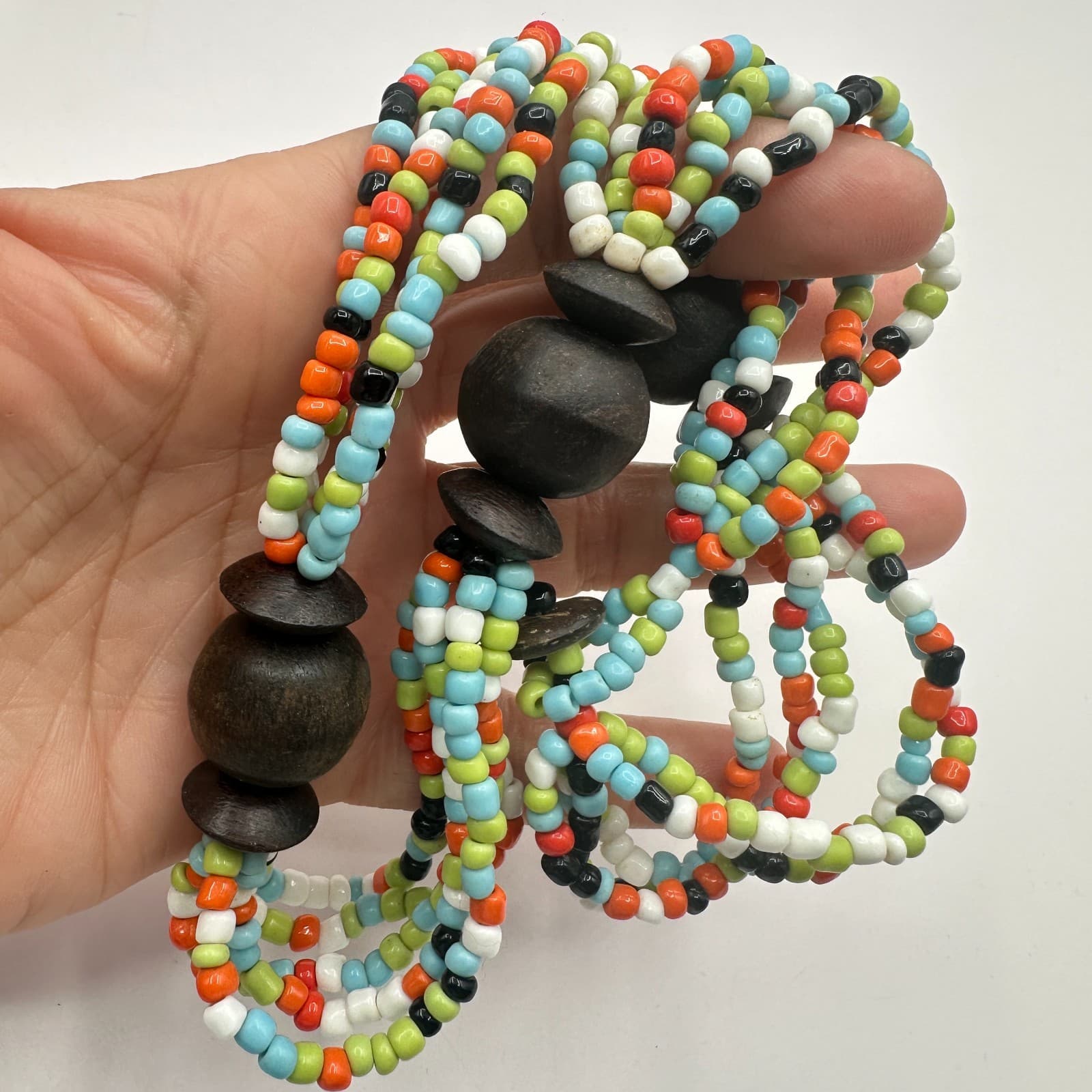 Vintage 90s Colorful Multi Strand Glass Wood Bead Statement Necklace Jewelry - Thumbnail 7