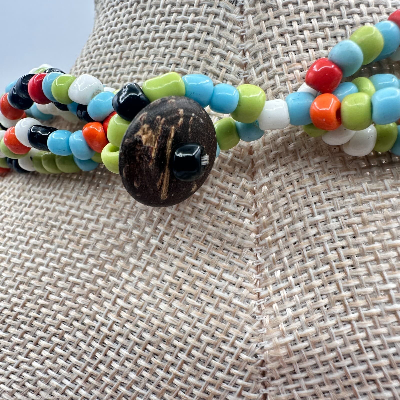 Vintage 90s Colorful Multi Strand Glass Wood Bead Statement Necklace Jewelry - Thumbnail 6