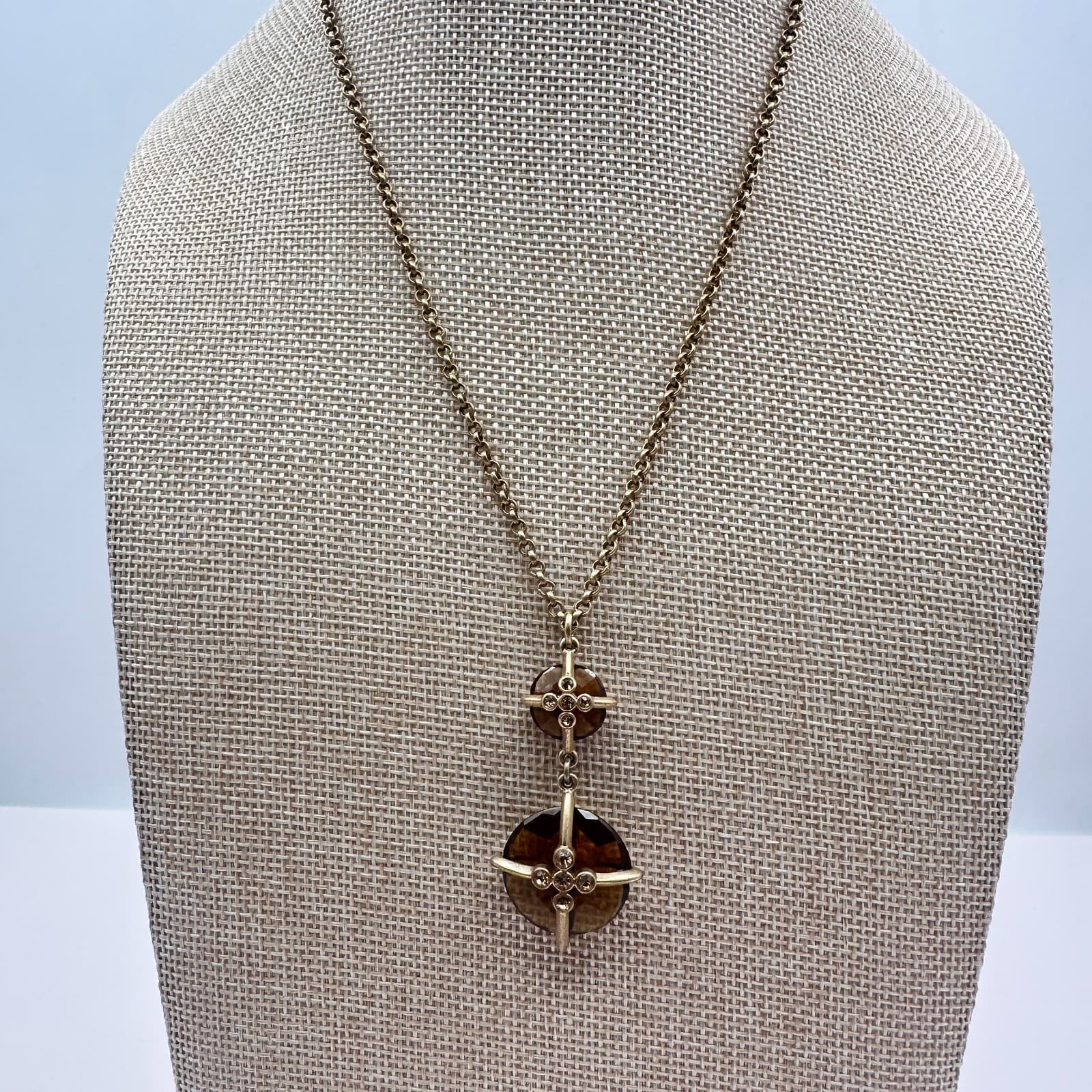 Vintage Y2K Gold Tone Amber Rhinestone Pendant Necklace Women's Classic Jewelry - Thumbnail 6