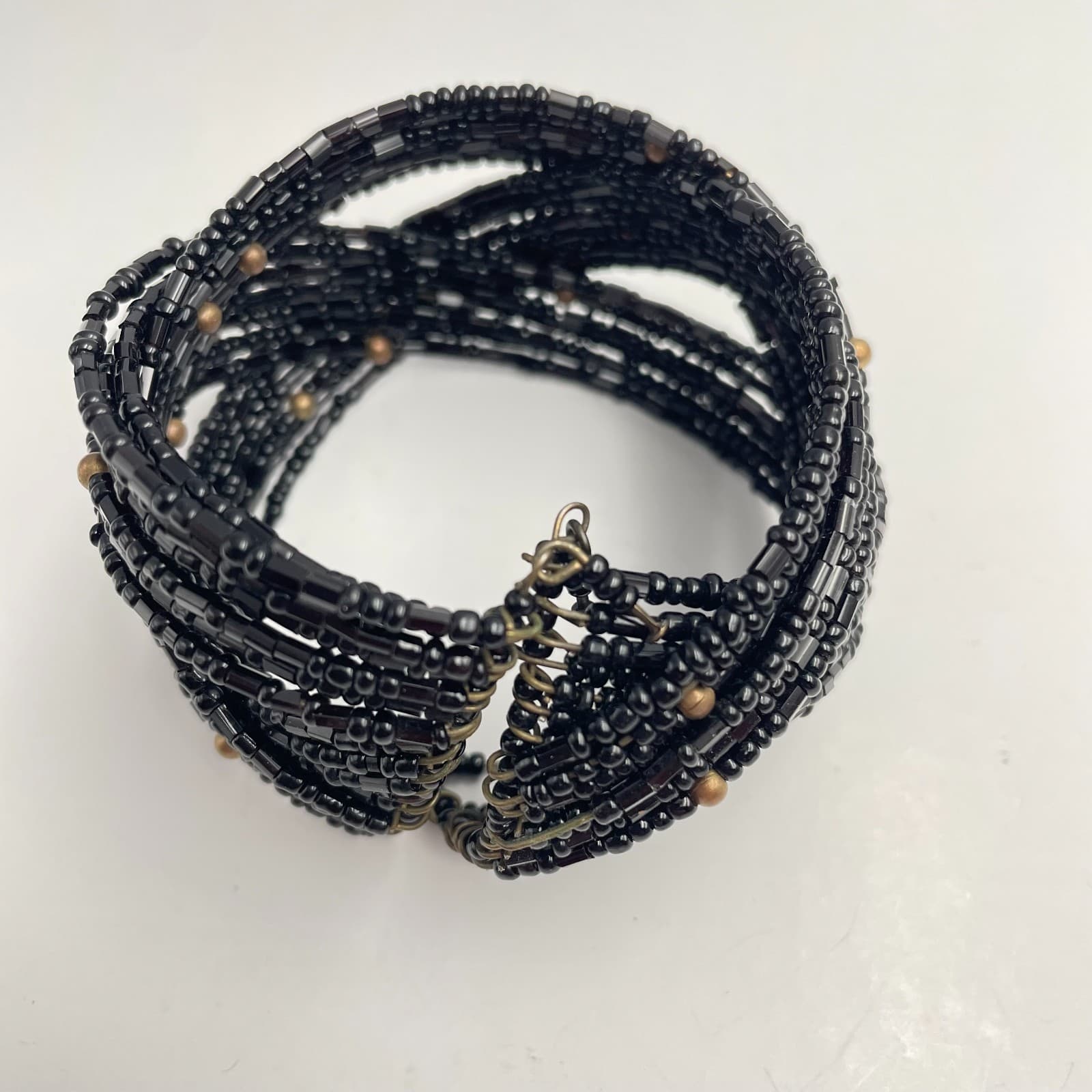 Vintage 90s Multi-Strand Seed Bead Cuff Bracelet Mix Blue Black Braided Jewelry - Thumbnail 7