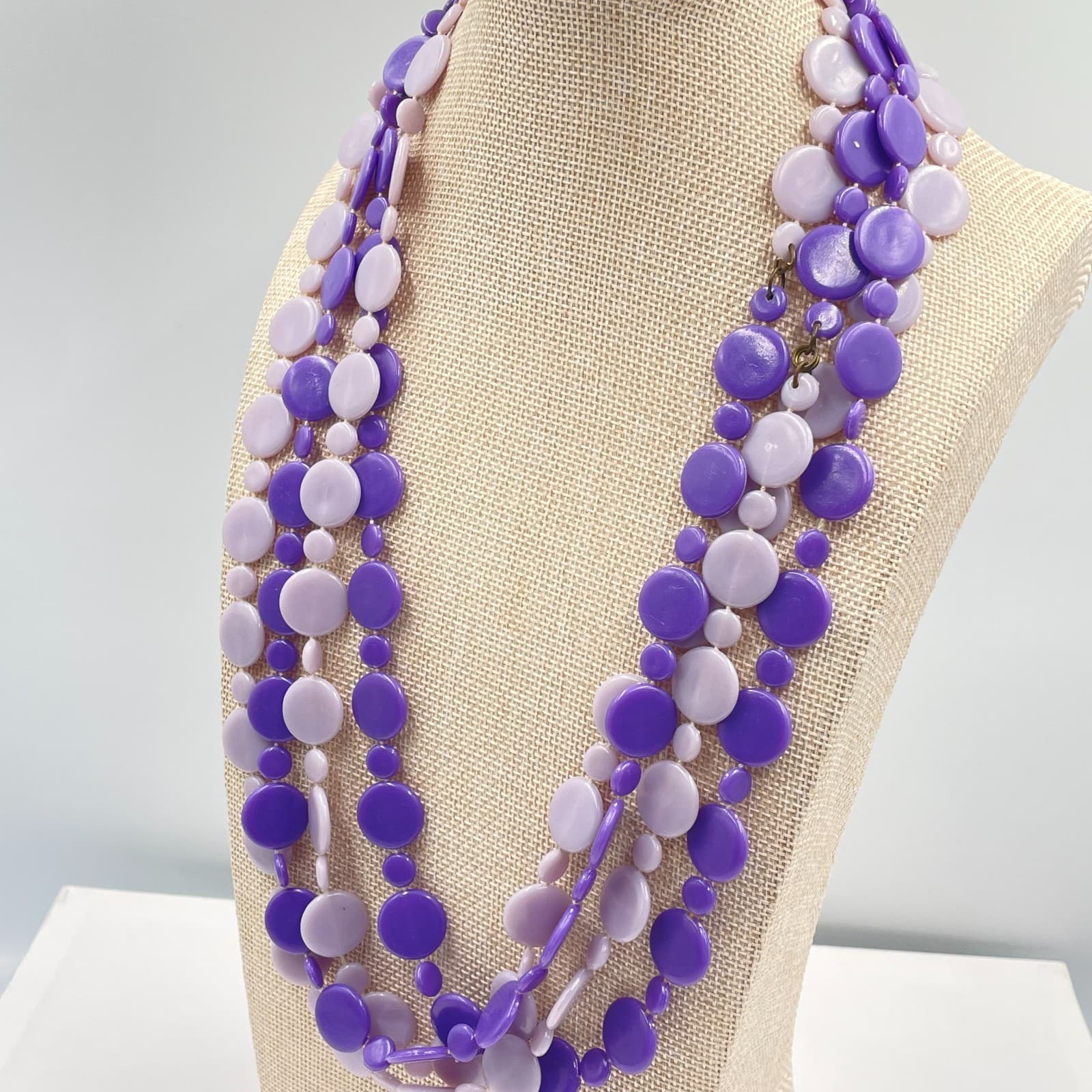 Vintage Purple Mod Multi Strand Necklace Disc Bead Layered Retro Plastic Art - Thumbnail 4