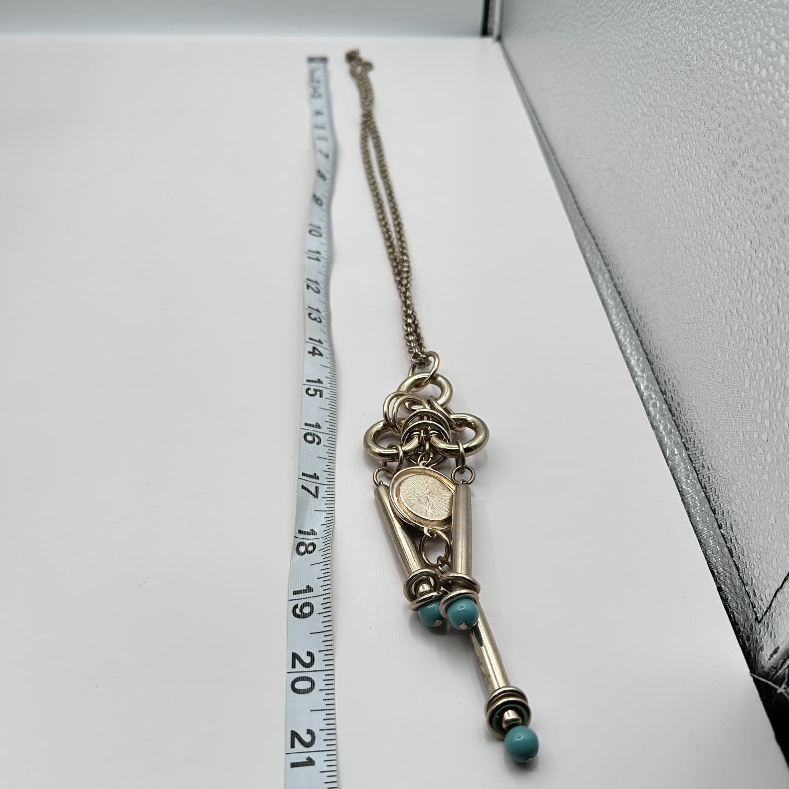 Vintage 80s Silver Tone Teal Beaded Chunky Necklace Statement Women's Jewelry - Thumbnail 9