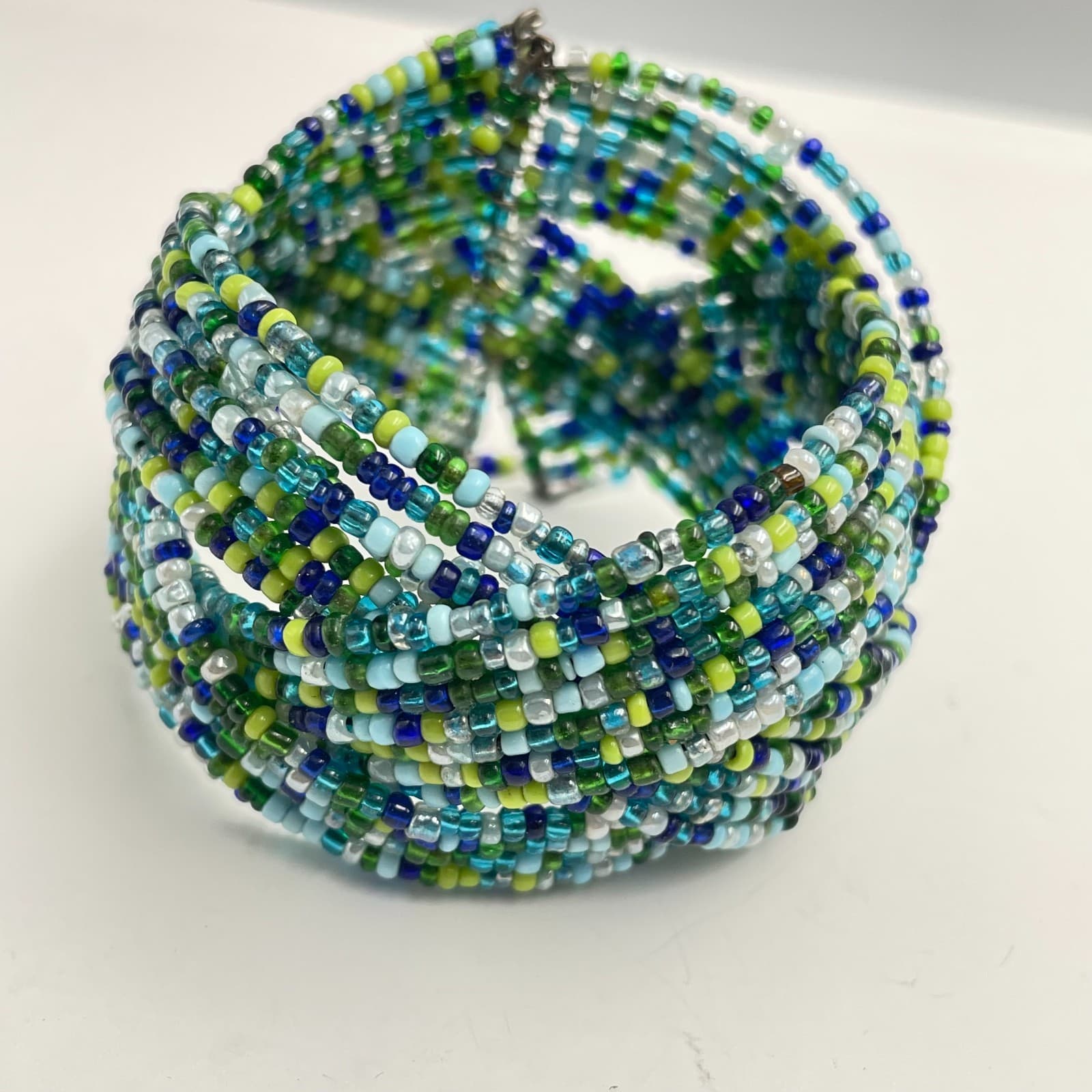 Vintage 90s Multi-Strand Seed Bead Cuff Bracelet Mix Blue Black Braided Jewelry - Thumbnail 4