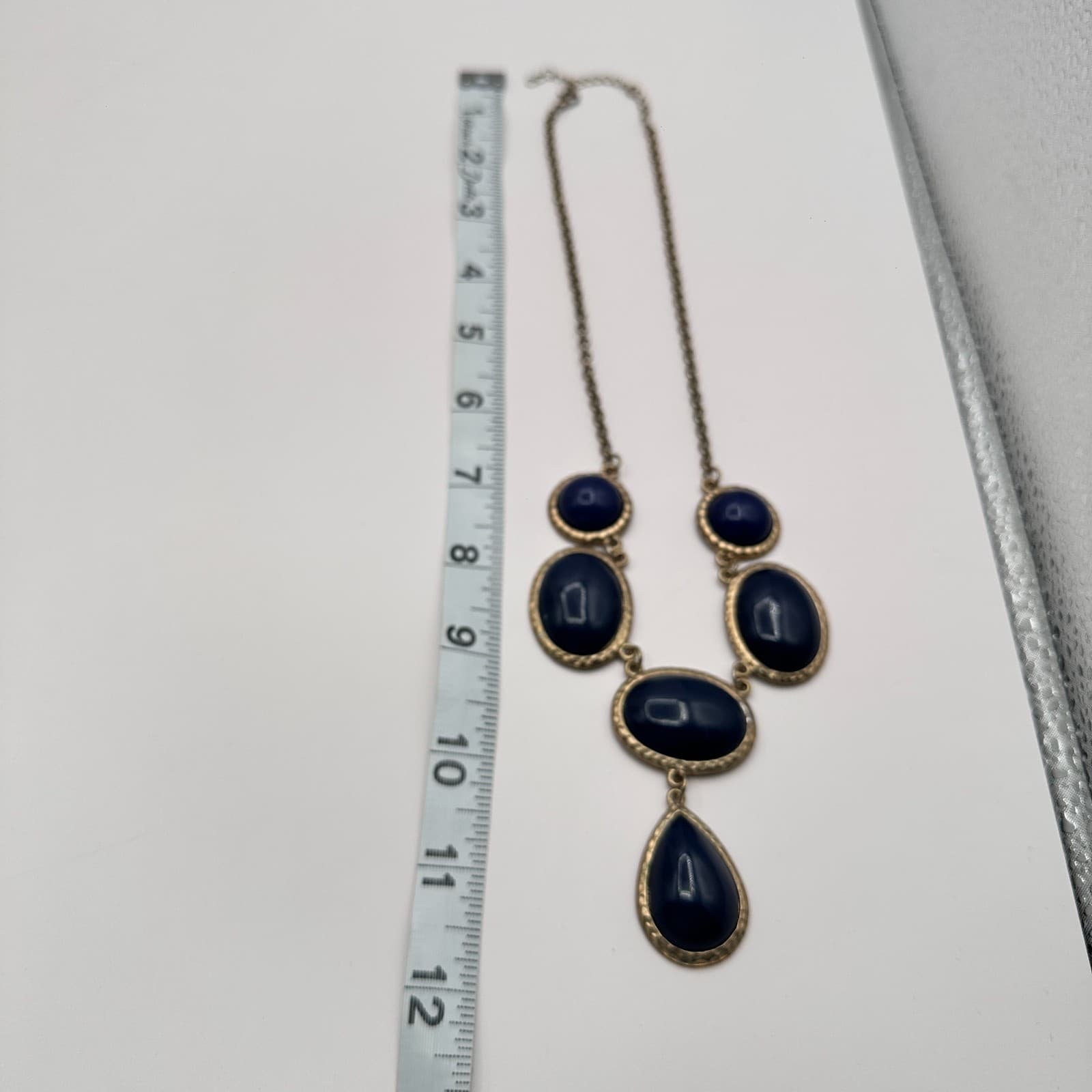 Vintage Y2K Gold Tone Navy Blue Bib Pendent Necklace Statement Women's Jewelry - Thumbnail 6