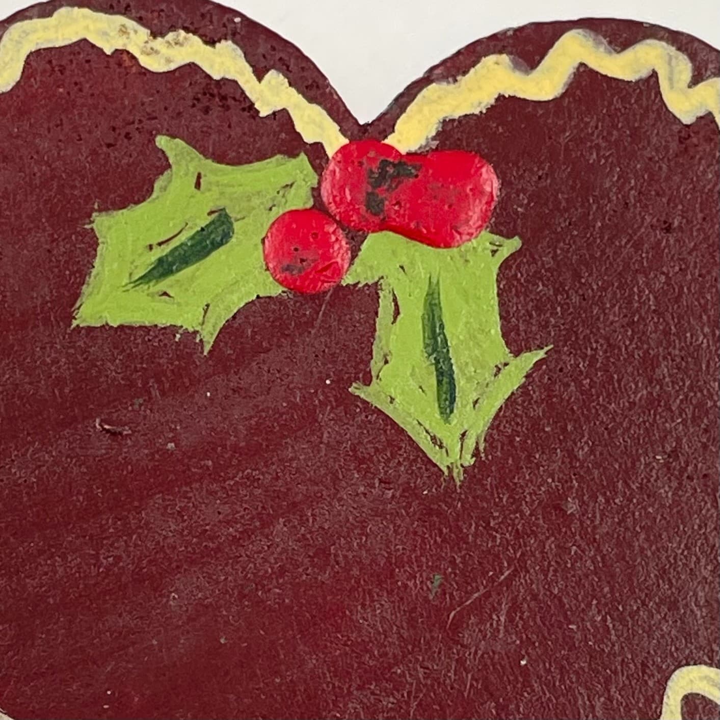 Vintage 80s Hand Painted Wooden Heart Christmas Ornament Holly Berries Jewelry - Image 1