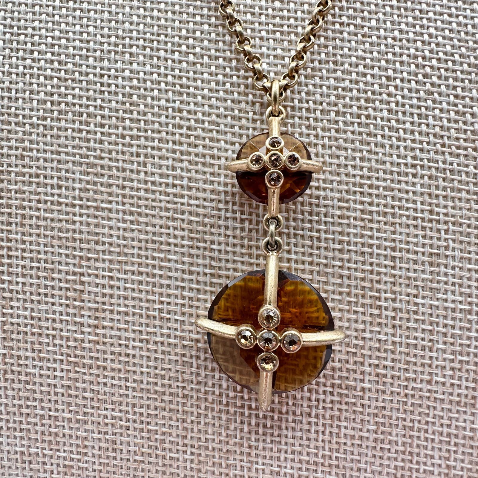 Vintage Y2K Gold Tone Amber Rhinestone Pendant Necklace Women's Classic Jewelry - Thumbnail 2