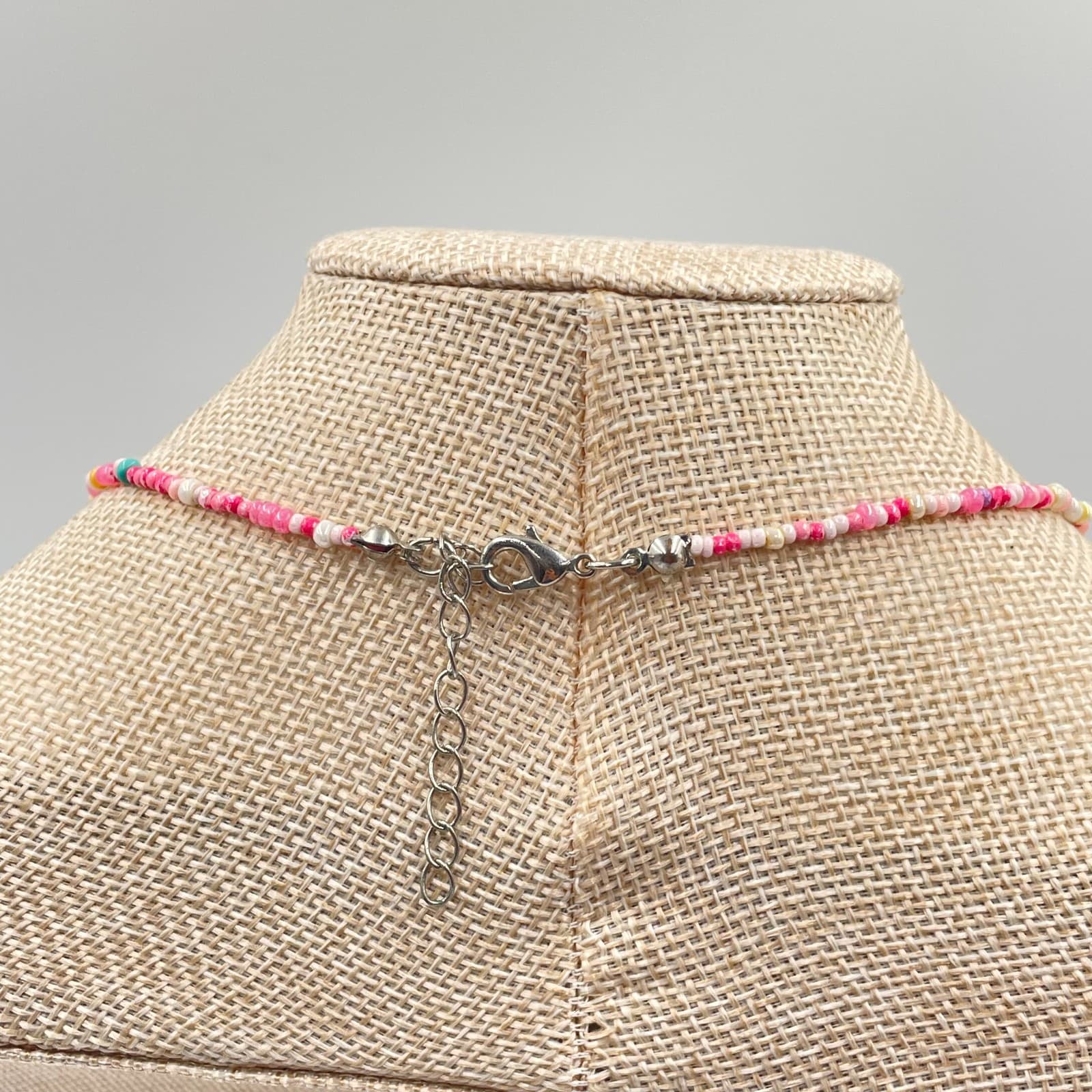 Vintage Boho Beaded LOVE Necklace Pink White Seed Bead Choker Fun Colorful Gift - Thumbnail 5