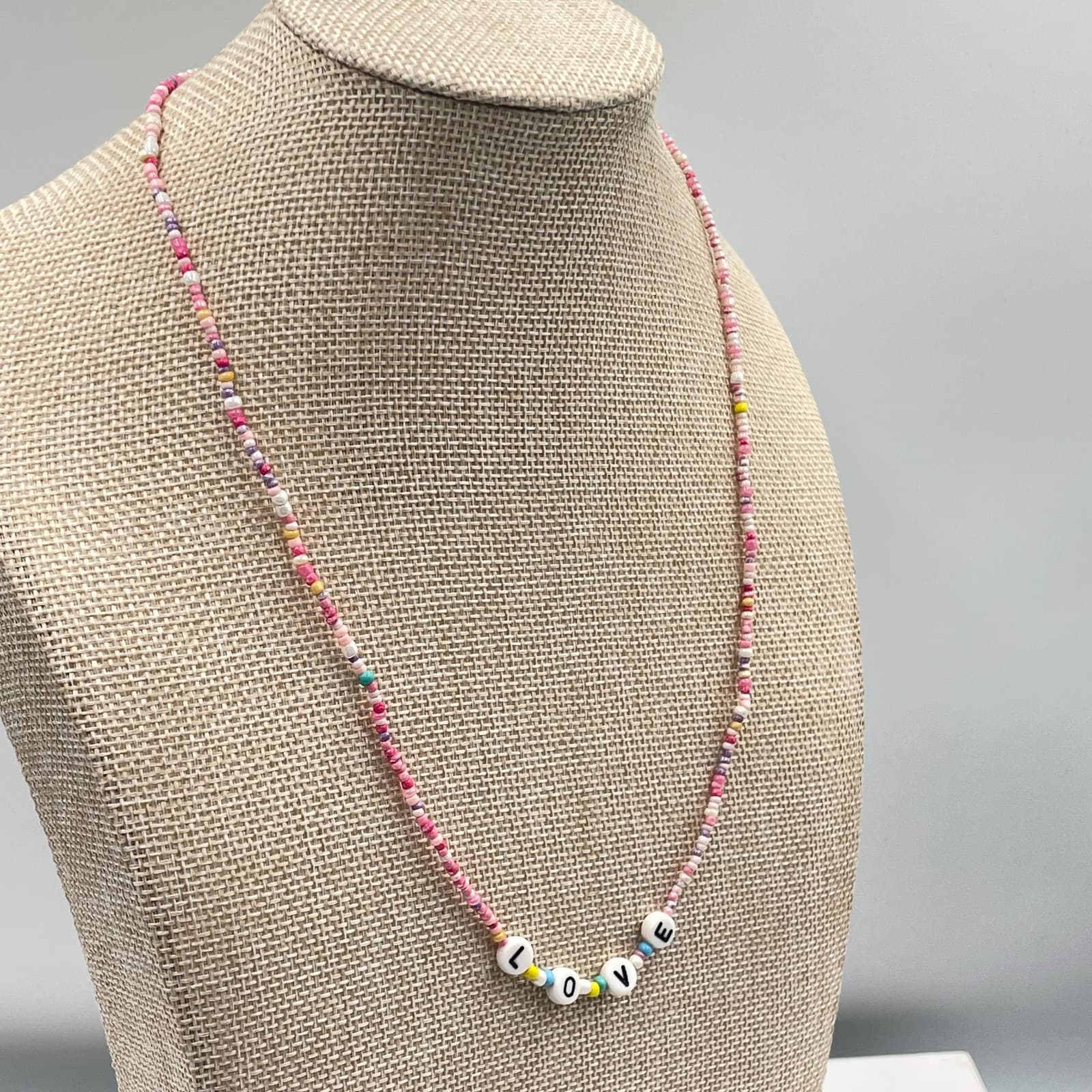 Vintage Boho Beaded LOVE Necklace Pink White Seed Bead Choker Fun Colorful Gift - Thumbnail 4