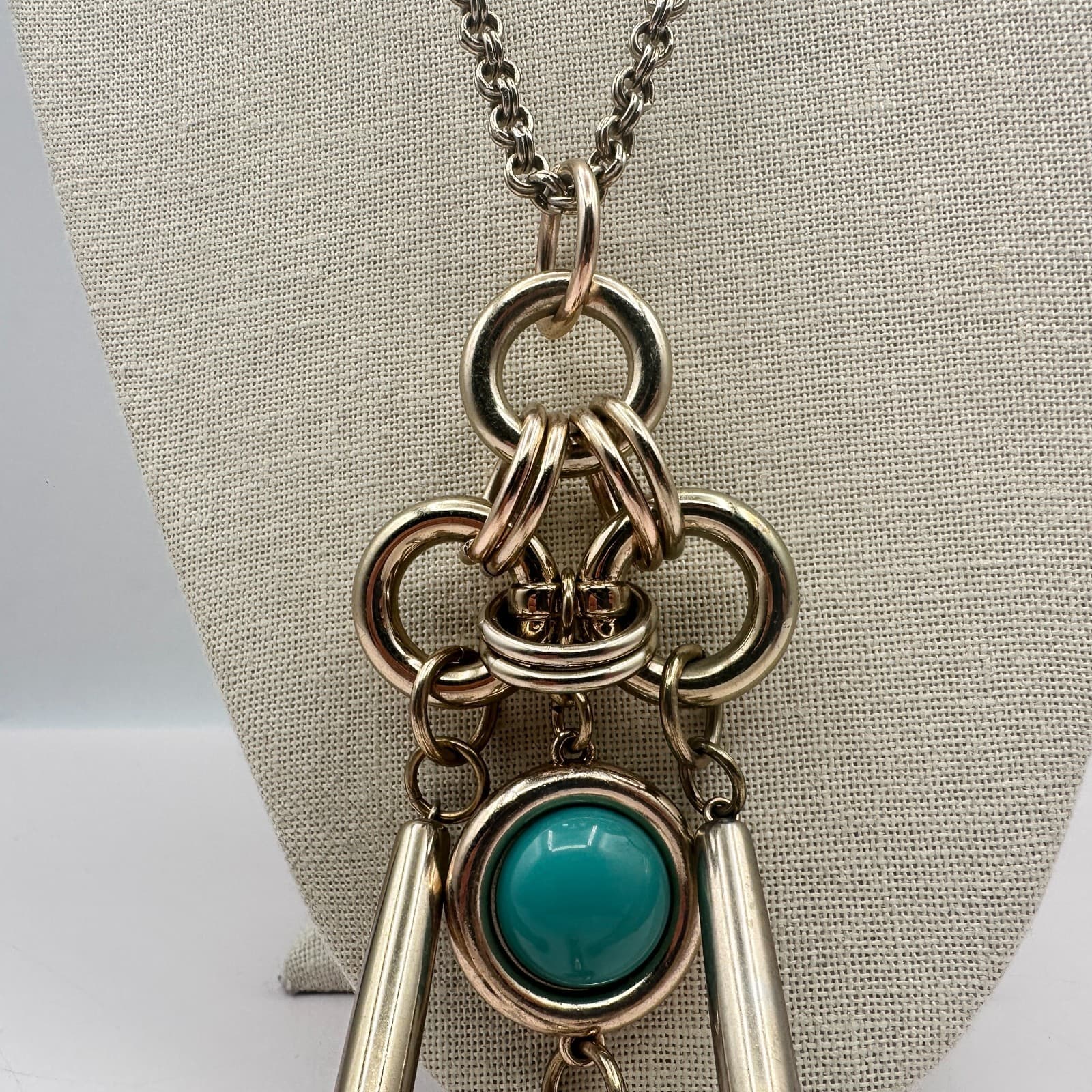 Vintage 80s Silver Tone Teal Beaded Chunky Necklace Statement Women's Jewelry - Thumbnail 3