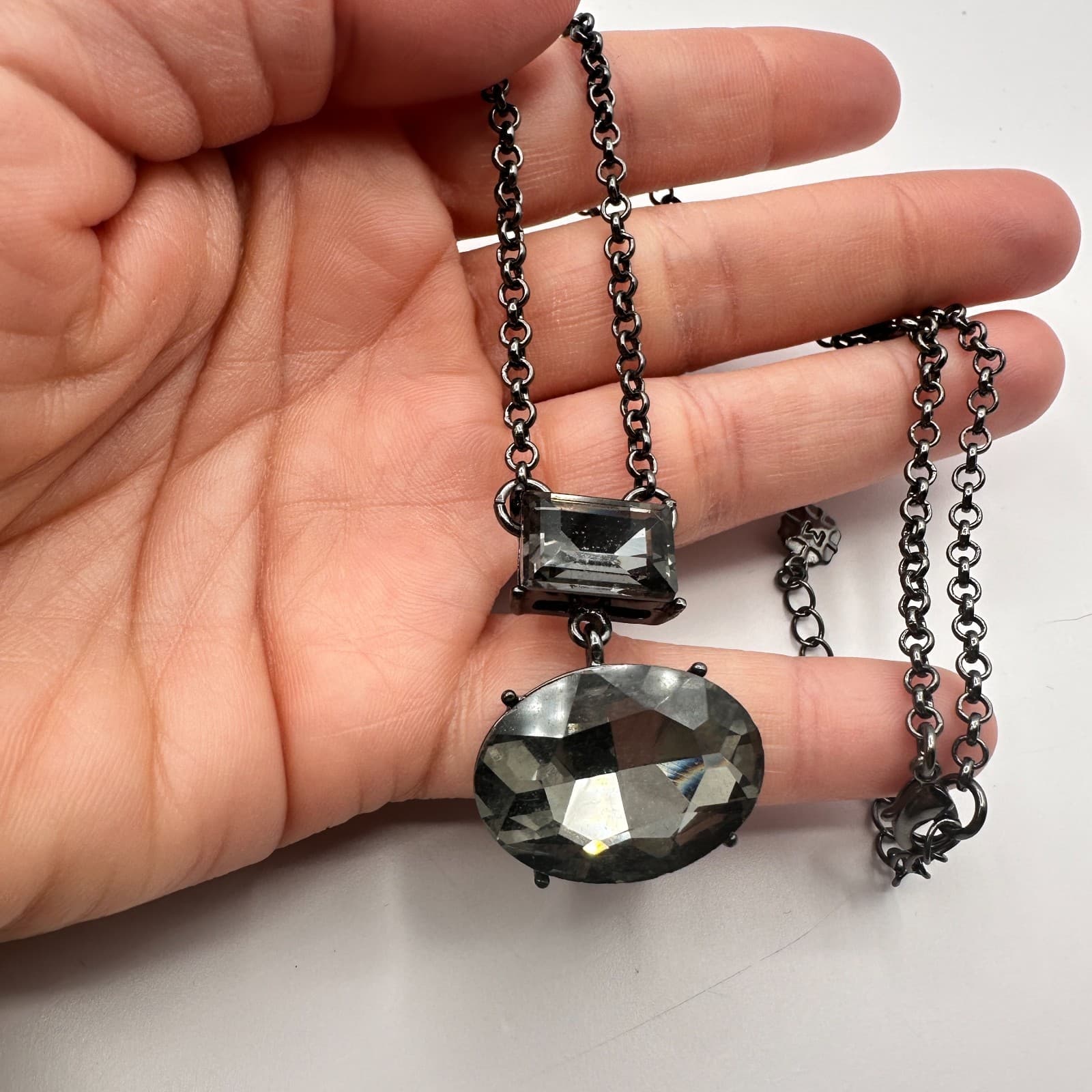 Vintage Y2K Gunmetal Tone Rhinestone Pendant Necklace Statement Women's Jewelry - Thumbnail 7