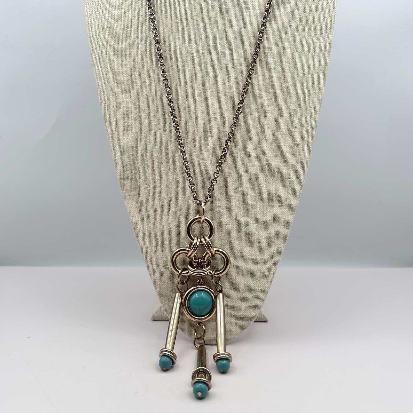 Vintage 80s Silver Tone Teal Beaded Chunky Necklace Statement Women's Jewelry - Image 1