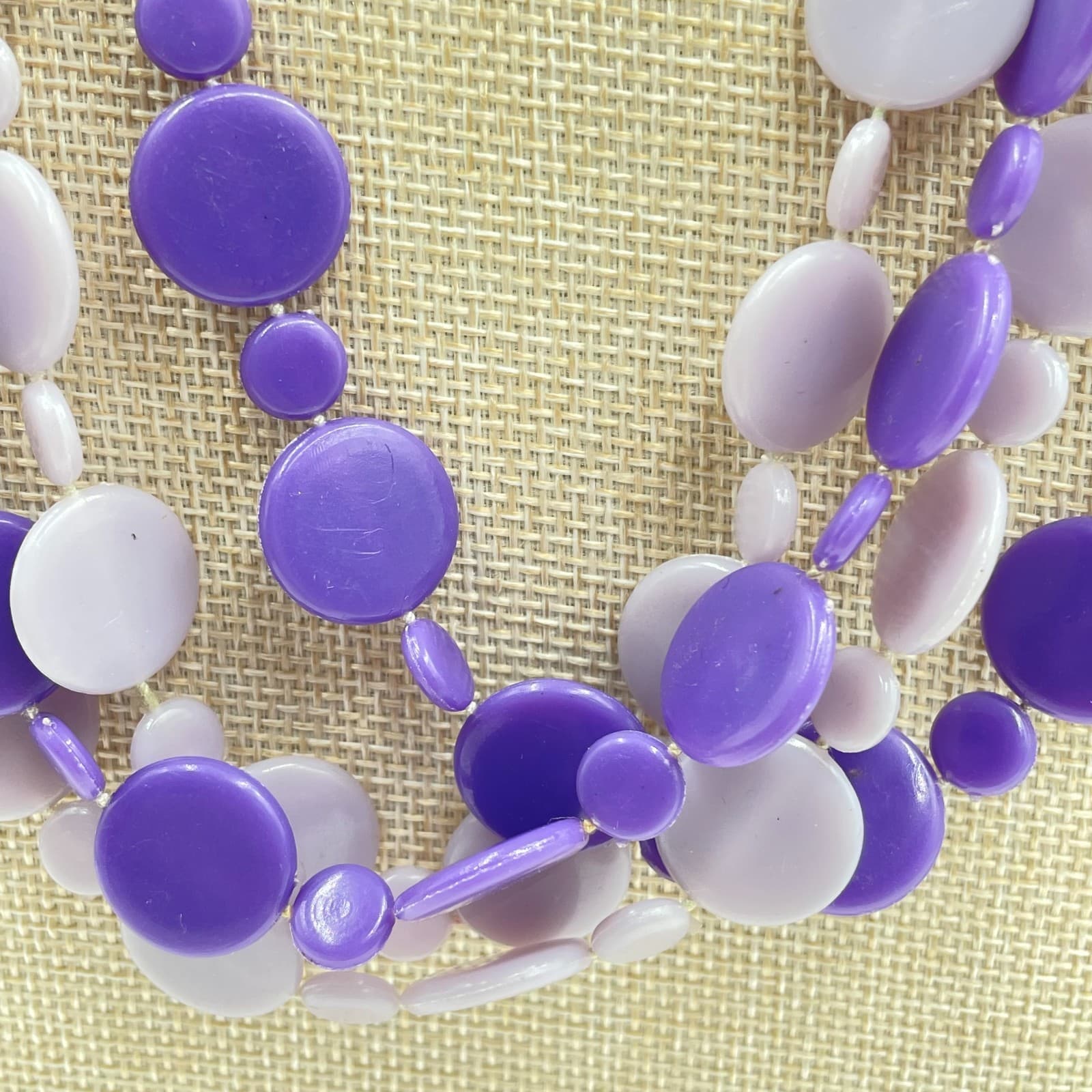 Vintage Purple Mod Multi Strand Necklace Disc Bead Layered Retro Plastic Art - Thumbnail 3